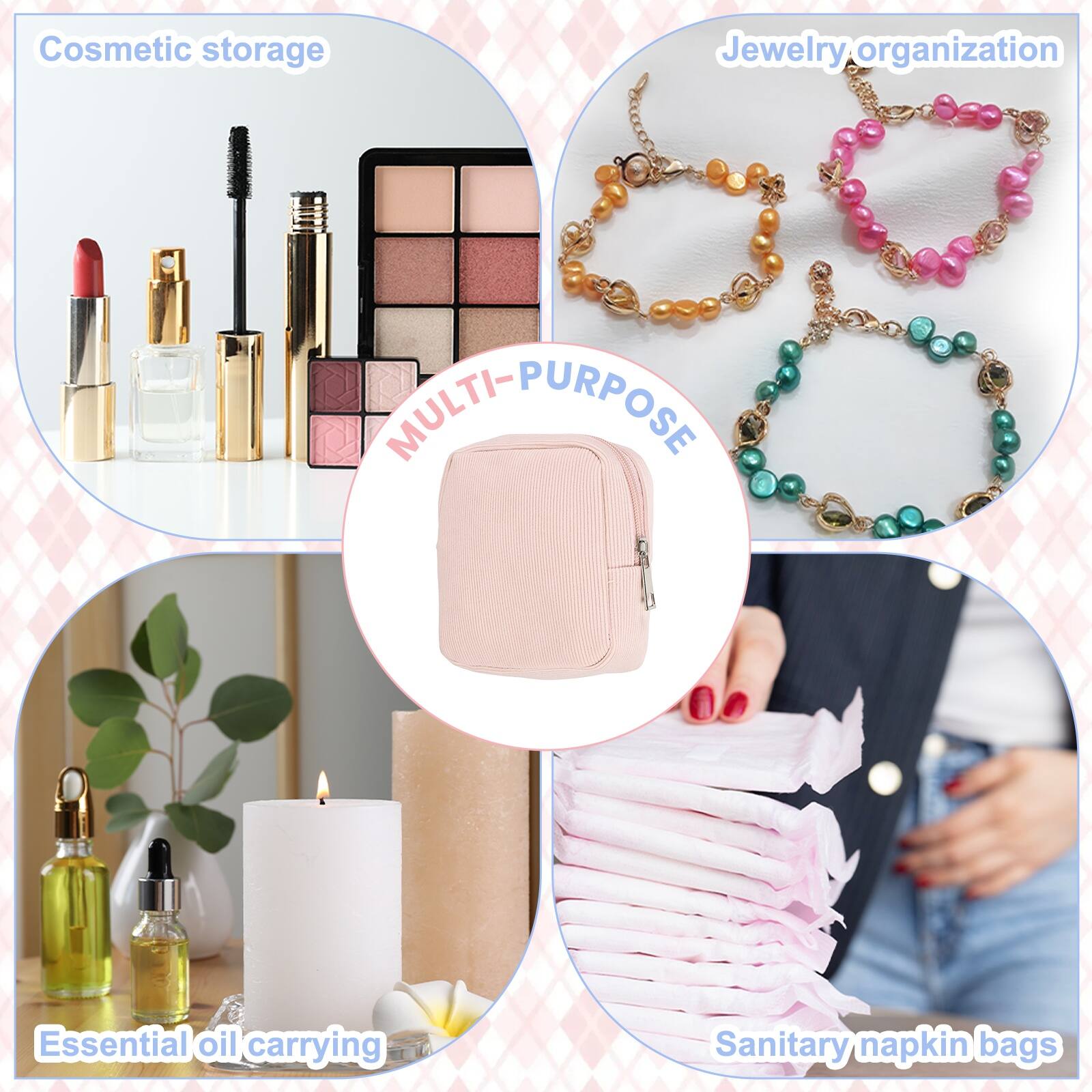 Cosmetic storage  
Jewelry organization  
MULTI-PURPOSE  
Essential oil carrying  
Sanitary napkin bags