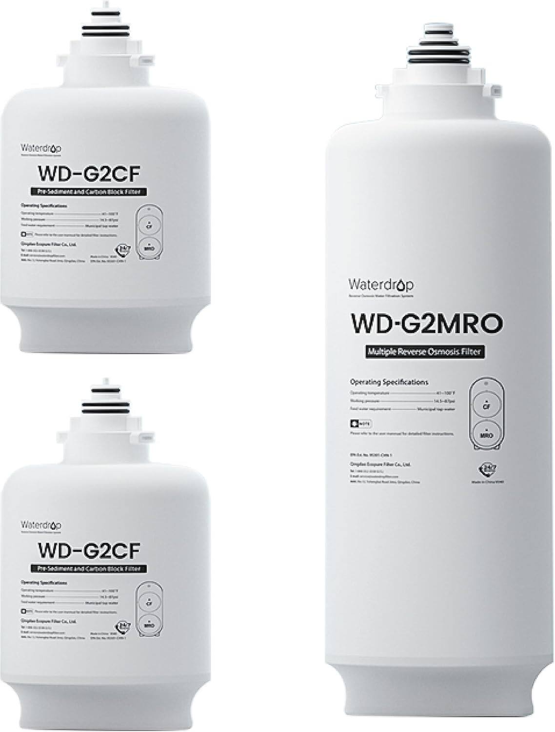 Waterdrop WD-G2CF Pre-Sediment and Carbon Block Filter

Waterdrop WD-G2MRO Multiple Reverse Osmosis Filter

Operating Specifications:

- Waterdrop WD-G2CF
- Carton: B dock
- WH LM 147

- Waterdrop WD-G2MRO
- CF MRO c CA UM 4

- Waterdrop WD-G2CF
- Carton: B dock