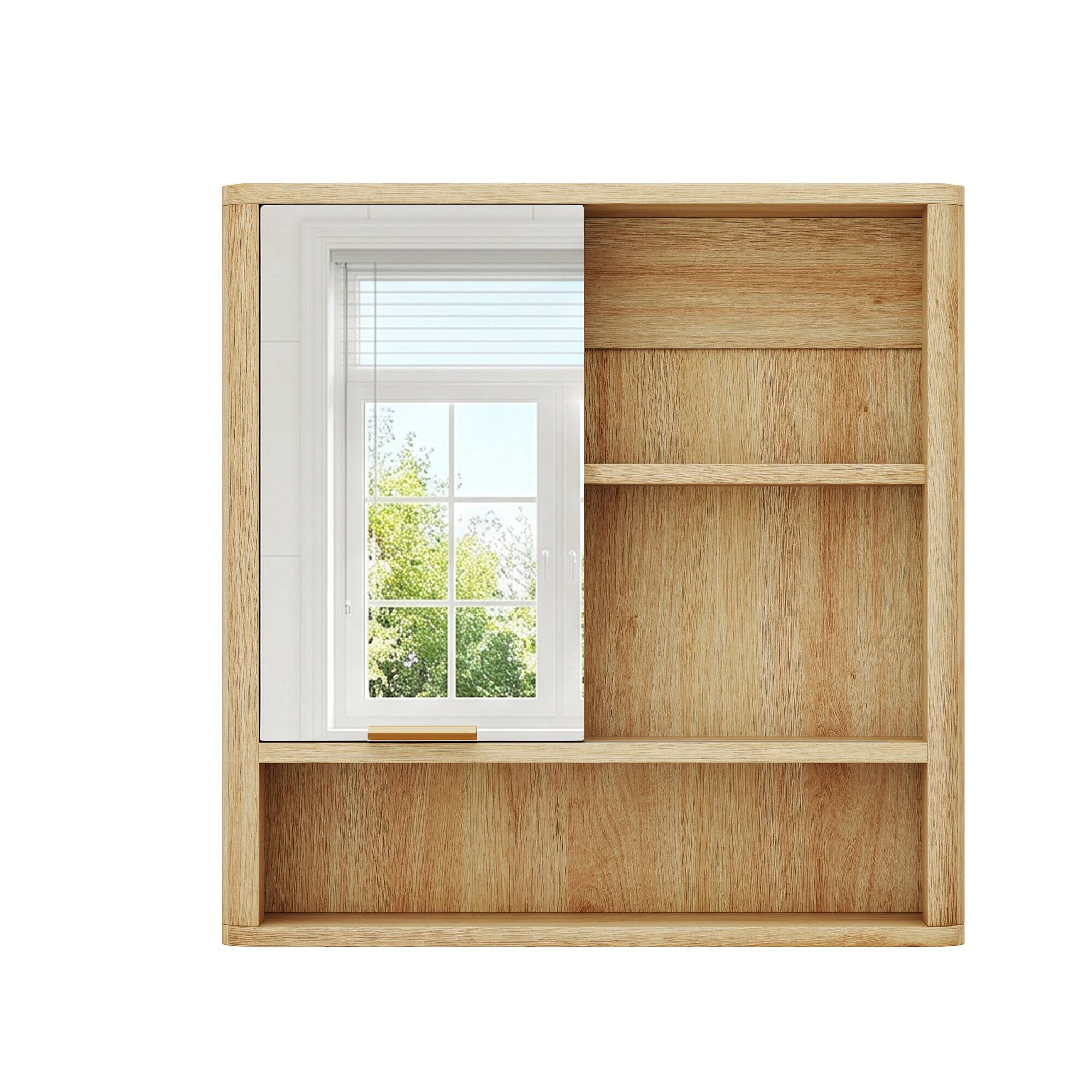 Alt View 4. Loheer - Loheer- Wall Mounted Bathroom Mirror Cabinet with Open Shelves Natural Wood Finish 1.79ft x 0.42ft x 1.83ft - Wood.
