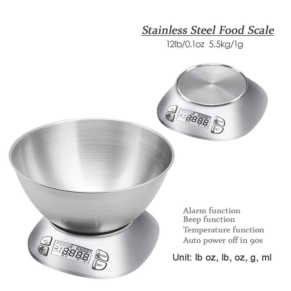 Stainless Steel Food Scale  
12lb/0.1oz 5.5kg/1g  

Alarm function  
Beep function  
Temperature function  
Auto power off in 90s  

Unit: lb oz, lb, oz, g, ml