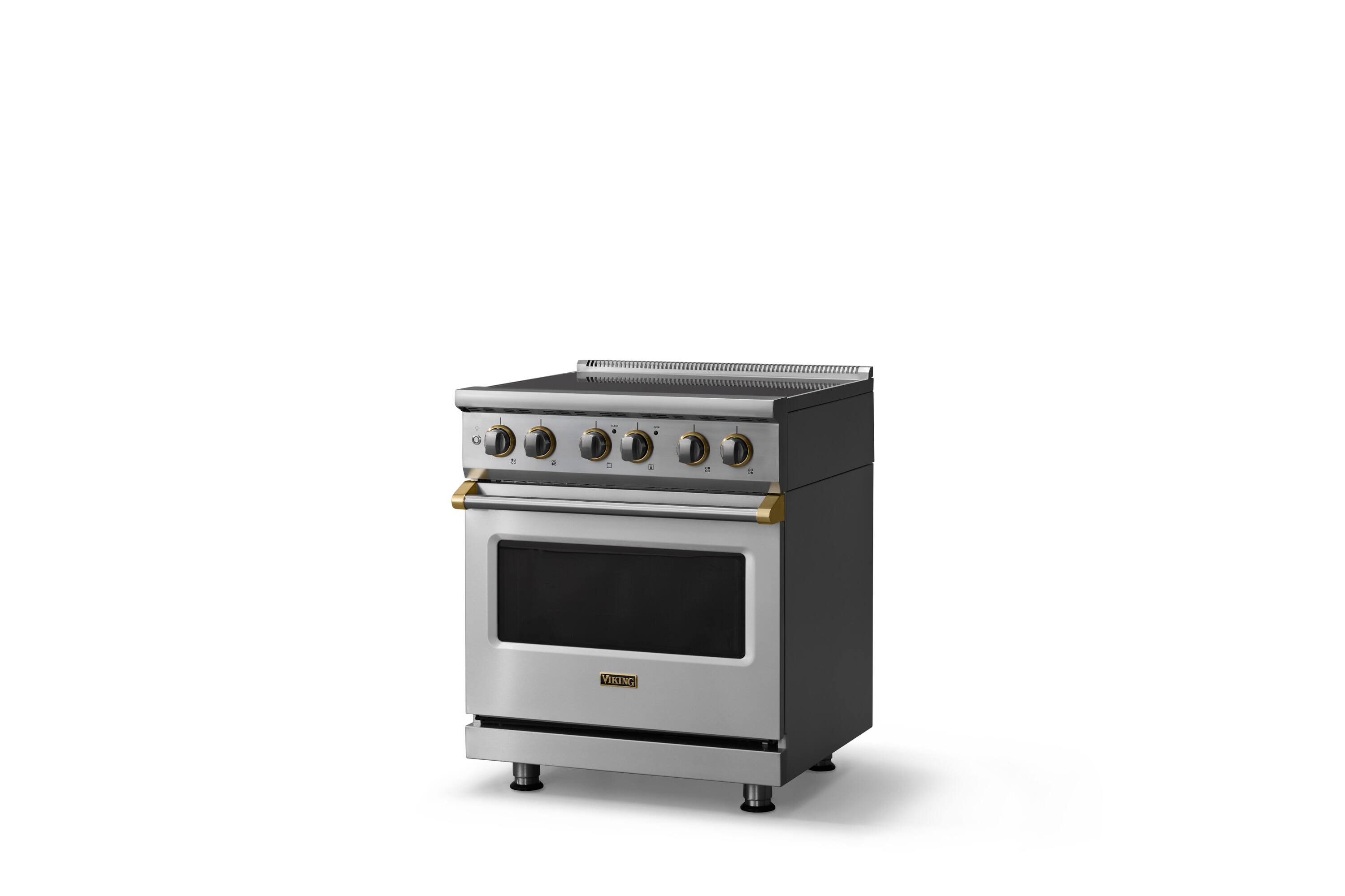 Angle. Viking - 30"W. 4.7 Cu.Ft. Pro5S 4 Element Freestanding Electric Induction Convection Range - Stainless Steel/Brushed Brass - Stainless Steel.