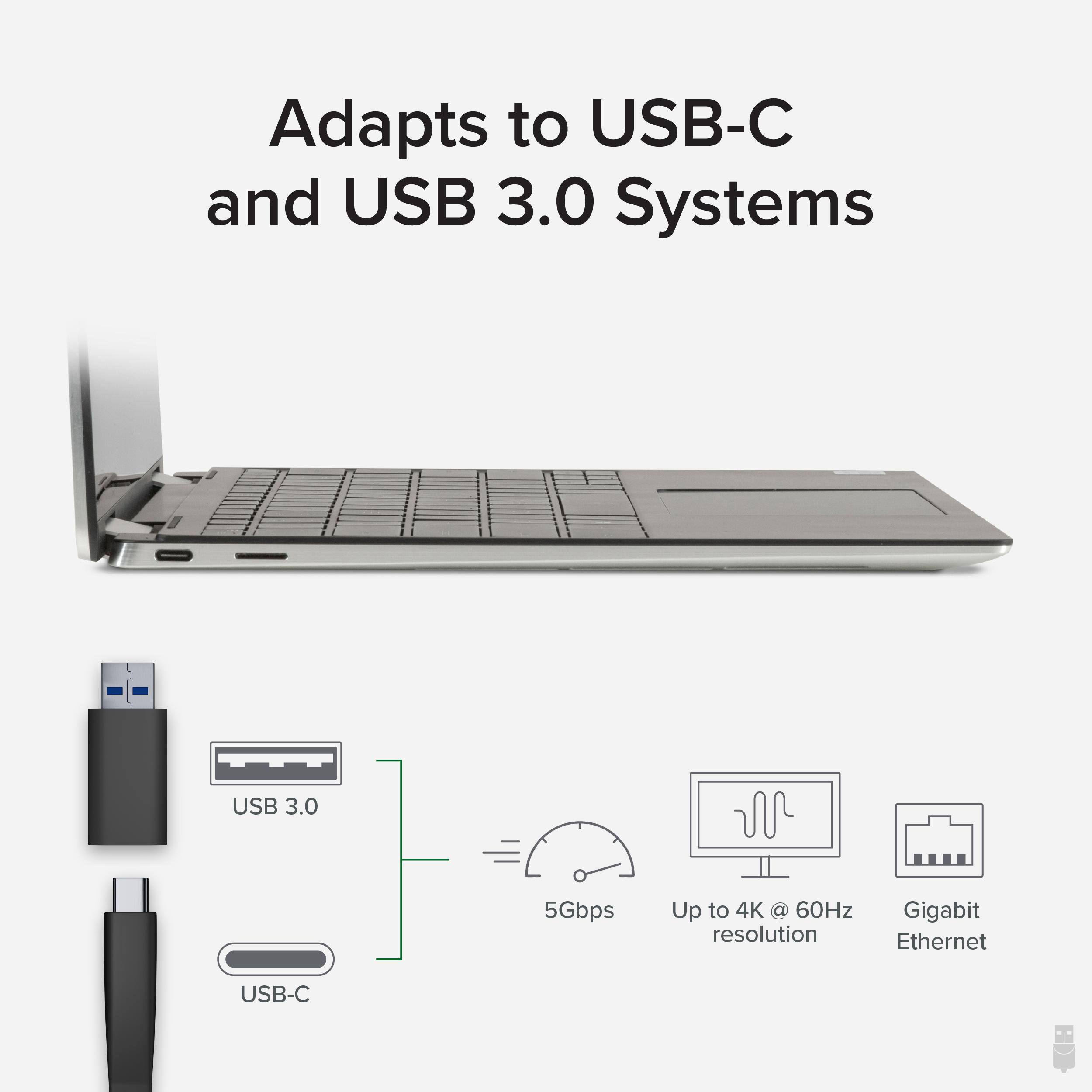 USB 3.0 5Gbps, USB-C, Up to 4K @ 60Hz resolution, Gigabit Ethernet