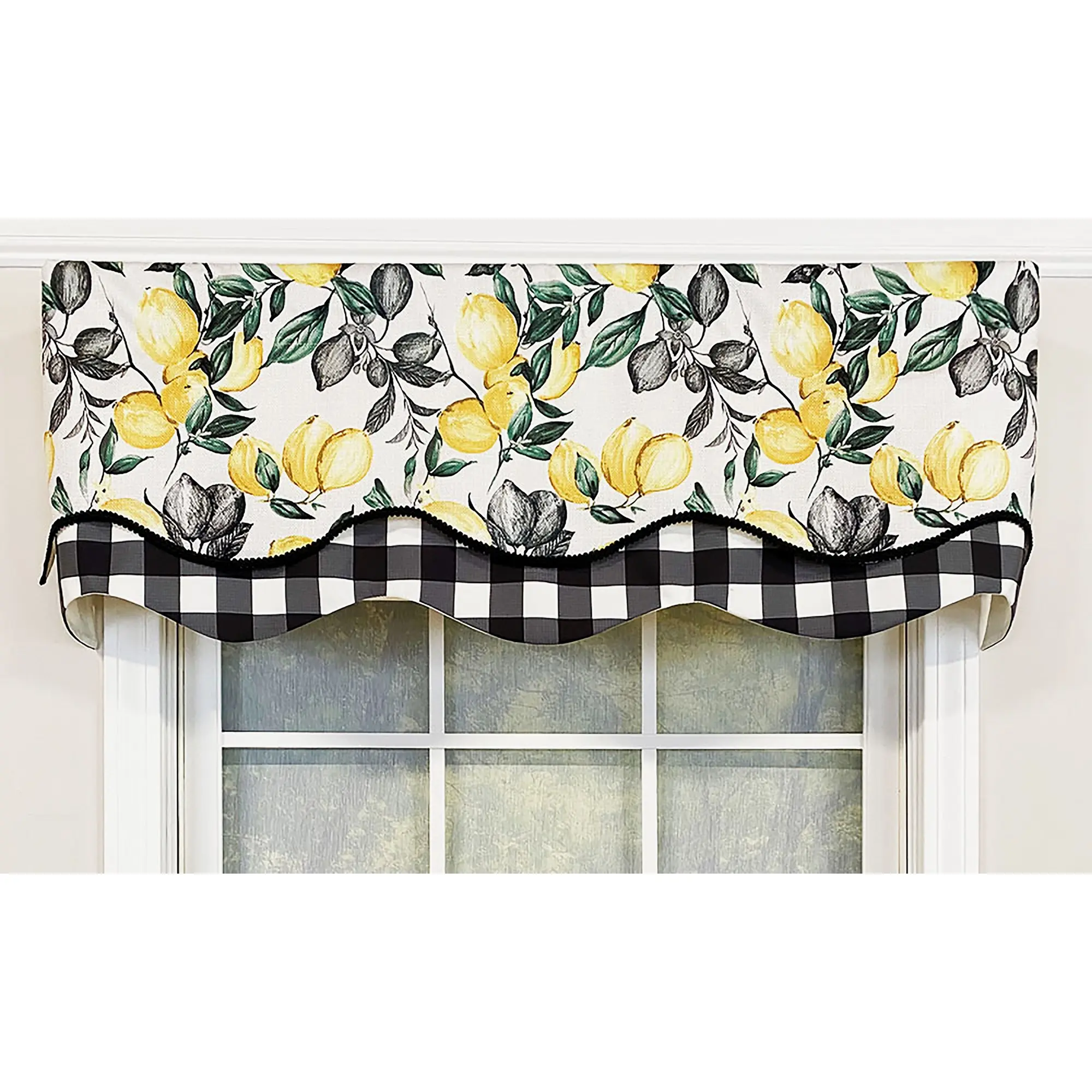 Angle. RLF Home - RLF Home El Limon Glory Valance Black. 3" Rod Pocket, Layered, Trimmed. 50" x 16" - Black.