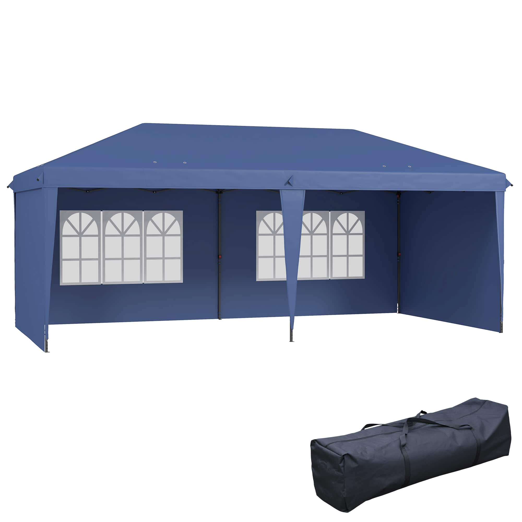 Front. Outsunny - x 20' Pop Up Canopy Tent with 4 Sidewalls, Instant Gazebo with Carry Bag for Garden - Blue.