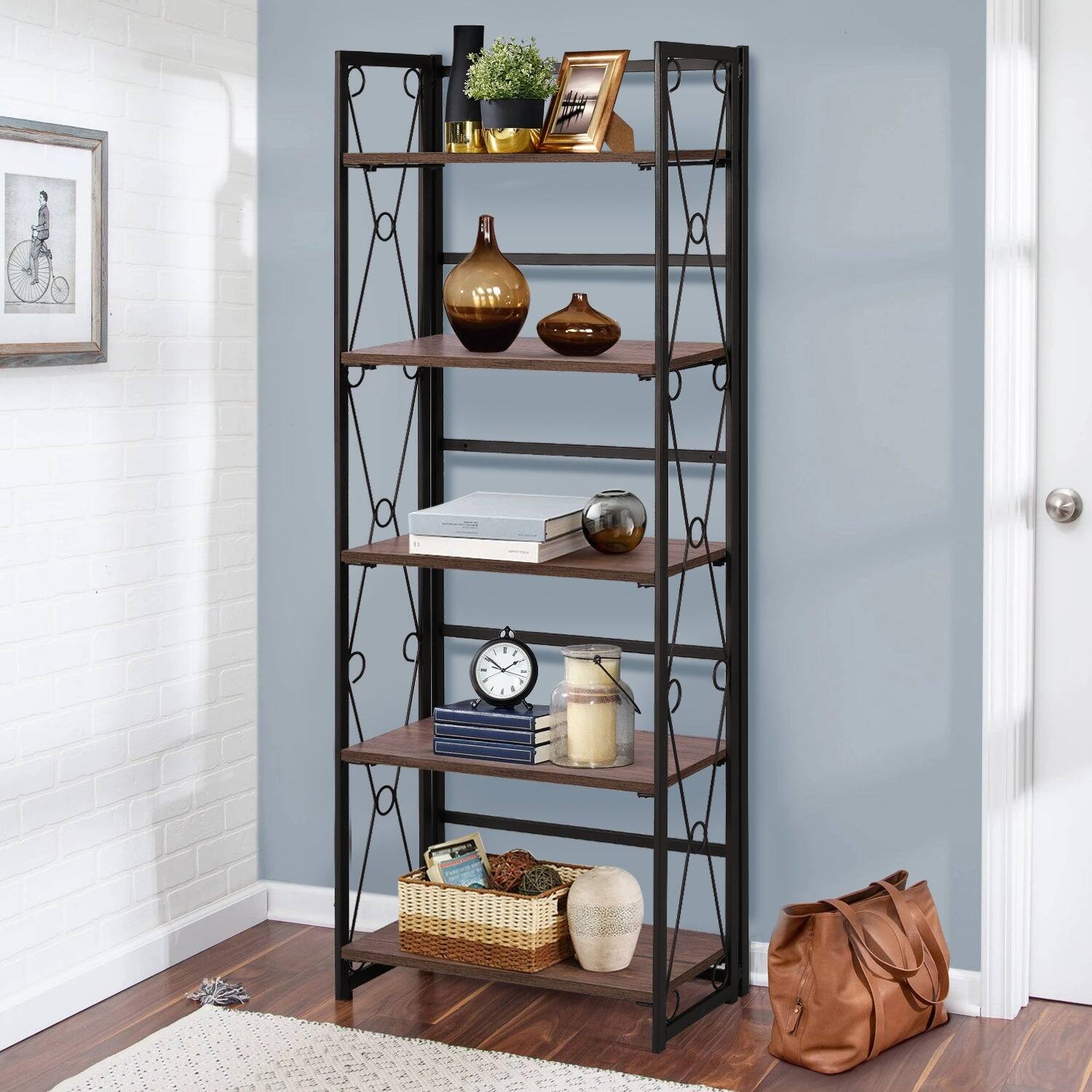Alt View 1. Vecelo - 5-Tier No Assembly Folding Bookshelf - Sturdy Metal Frame, Display Stand Shelves, Space-Saving Storage for Home & Office - Carbon gray.
