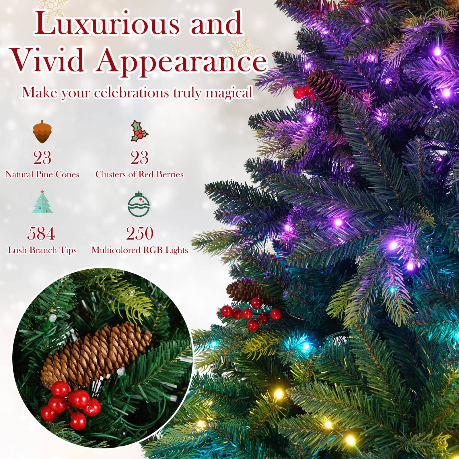 Luxurious and Vivid Appearance  
Make your celebrations truly magical  

23 Natural Pine Cones  
23 Clusters of Red Berries  
584 Lush Branch Tips  
250 Multicolored RGB Lights