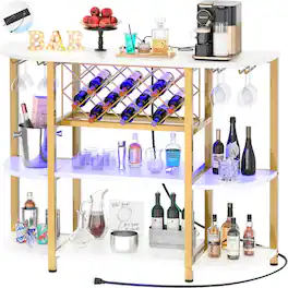 Aheaplus - 4-Tier Wine Bar Cabinet with Power Outlets, Floor Standing Wine Rack with LED Lights and Glass Holder - Gold & White