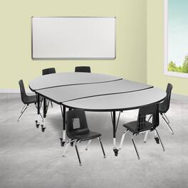 Emma + Oliver - Mobile 86" Oval Wave Collaborative Laminate Activity Table Set with 12" Student Stack Chairs, Grey/Black - Gray