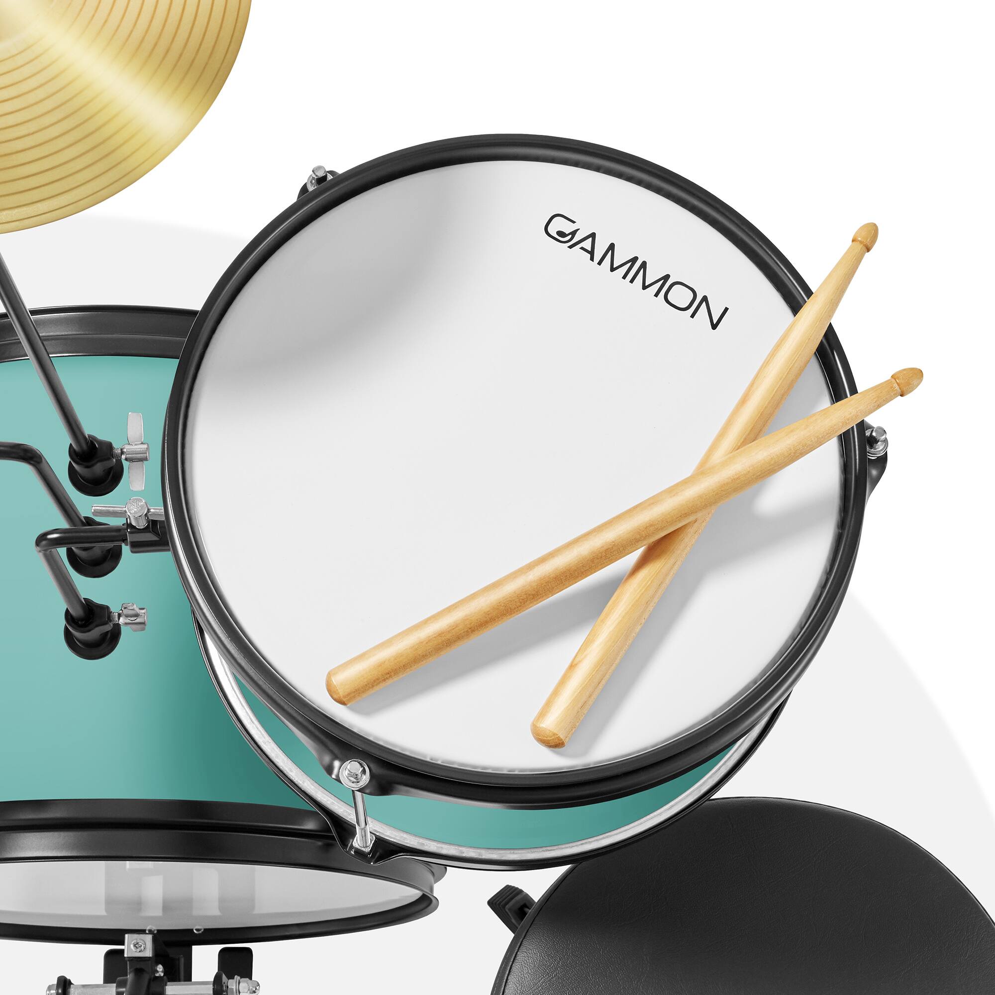 Alt View 3. Gammon Percussion - 3pc Junior Drum Set - Beginner Kit with Throne - Cymbal - Drumsticks - Teal.