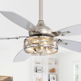 Breezary - 48-in Indoor Ceiling Fan with Light Kit and Remote, 5 Blades, 6-Speed DC Motor, with Timer and 4''/8'' Downrods - Satin Nickel