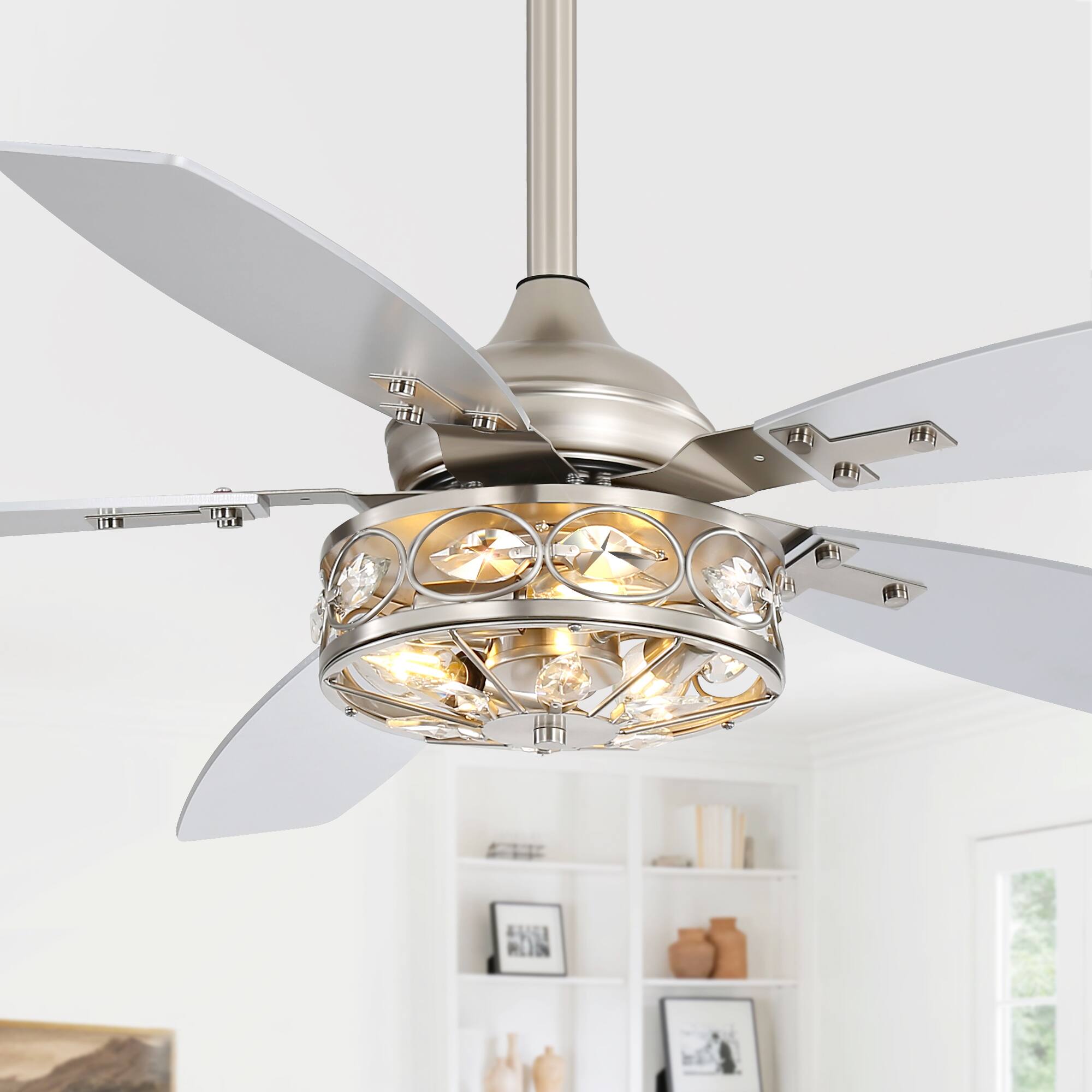 Front. Breezary - 48-in Indoor Ceiling Fan with Light Kit and Remote, 5 Blades, 6-Speed DC Motor, with Timer and 4''/8'' Downrods - Satin Nickel.