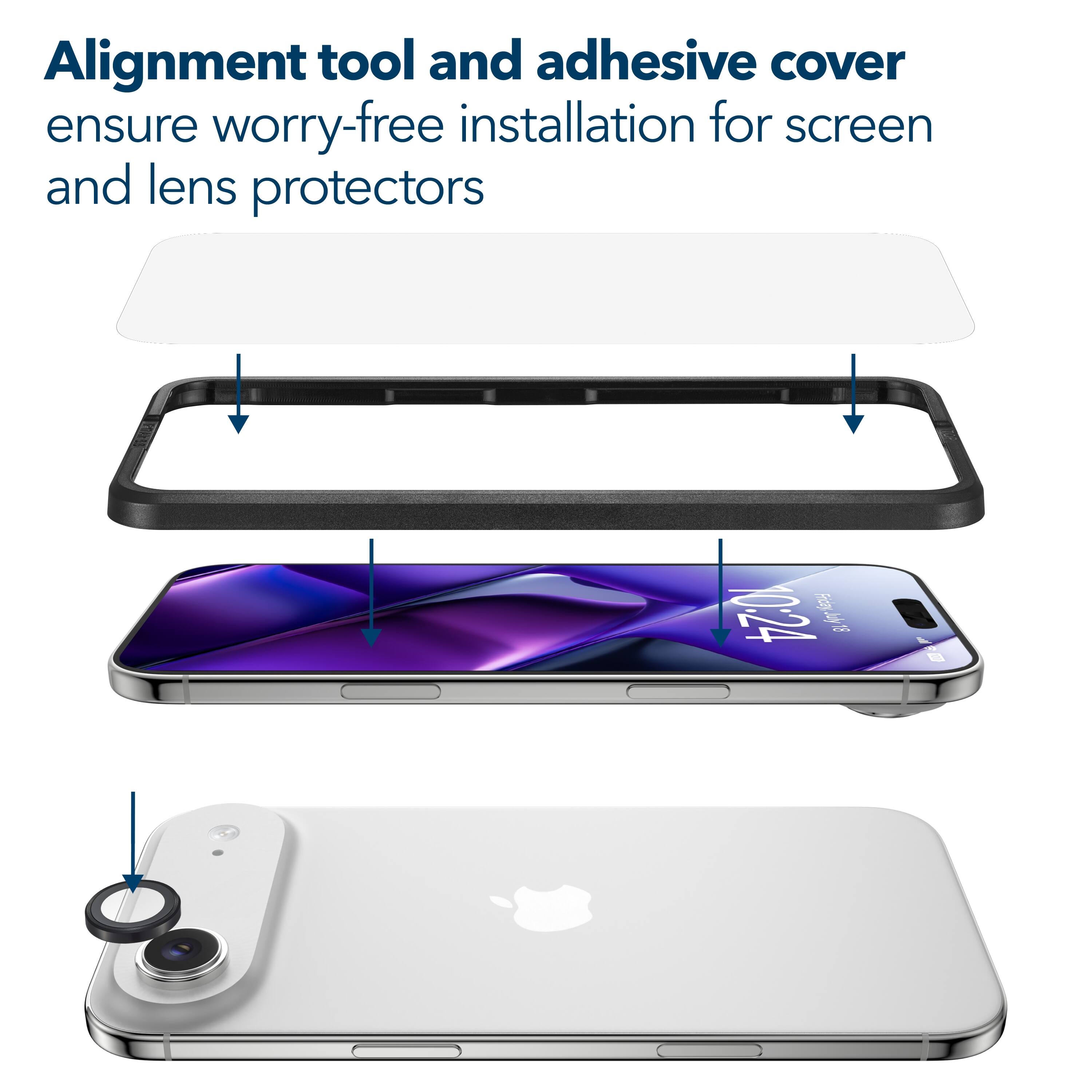 Alignment tool and adhesive cover ensure worry-free installation for screen and lens protectors