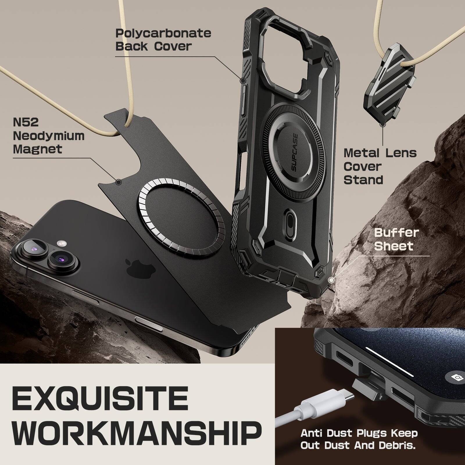 Polycarbonate Back Cover, N52 Neodymium Magnet, SUPCASE Metal Lens Cover, Stand, Buffer Sheet, Exquisite Workmanship, Out Anti Dust Plug, Keep Dust and Debris Out.