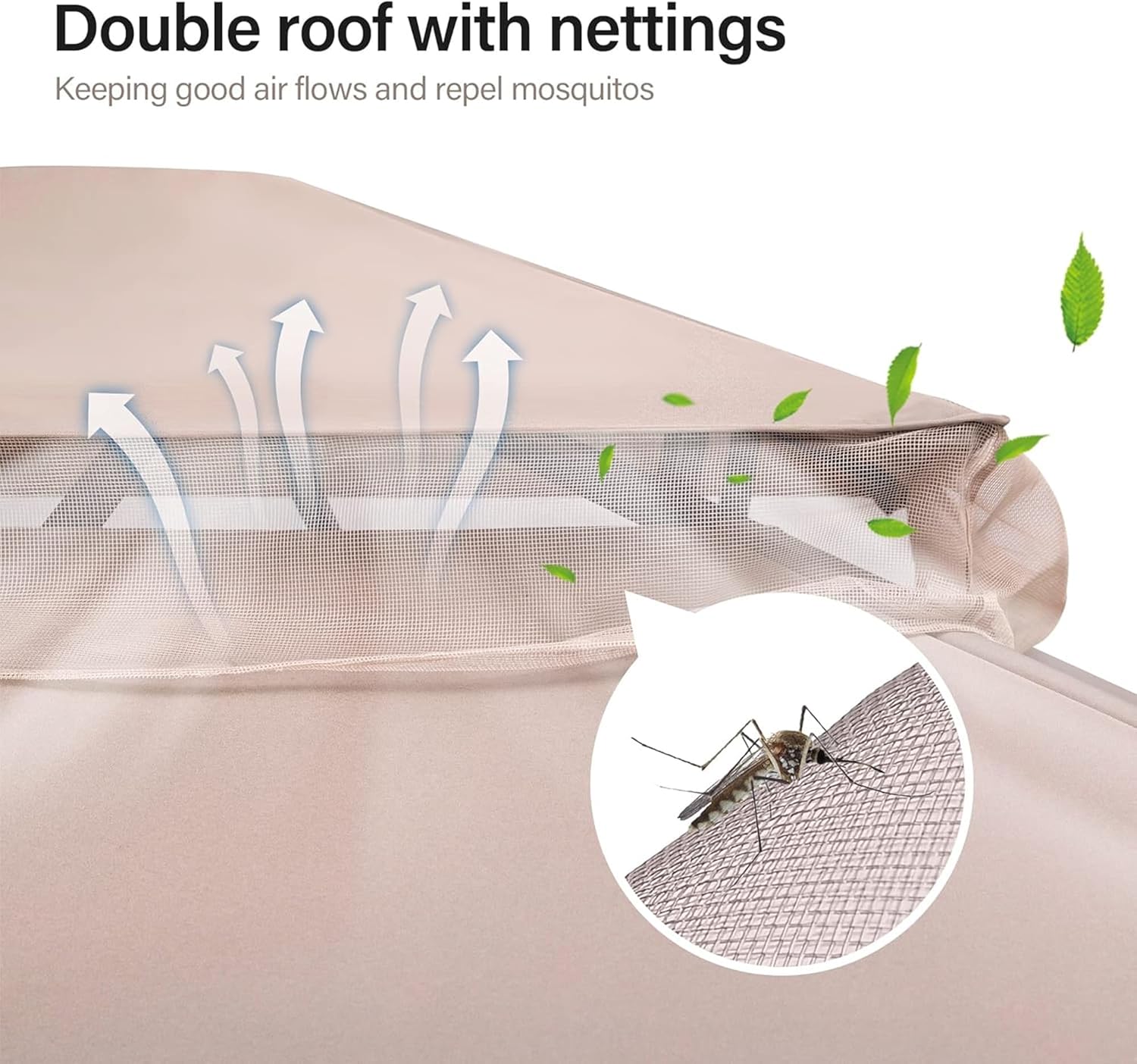 Double roof with nettings  
Keeping good air flows and repel mosquitos