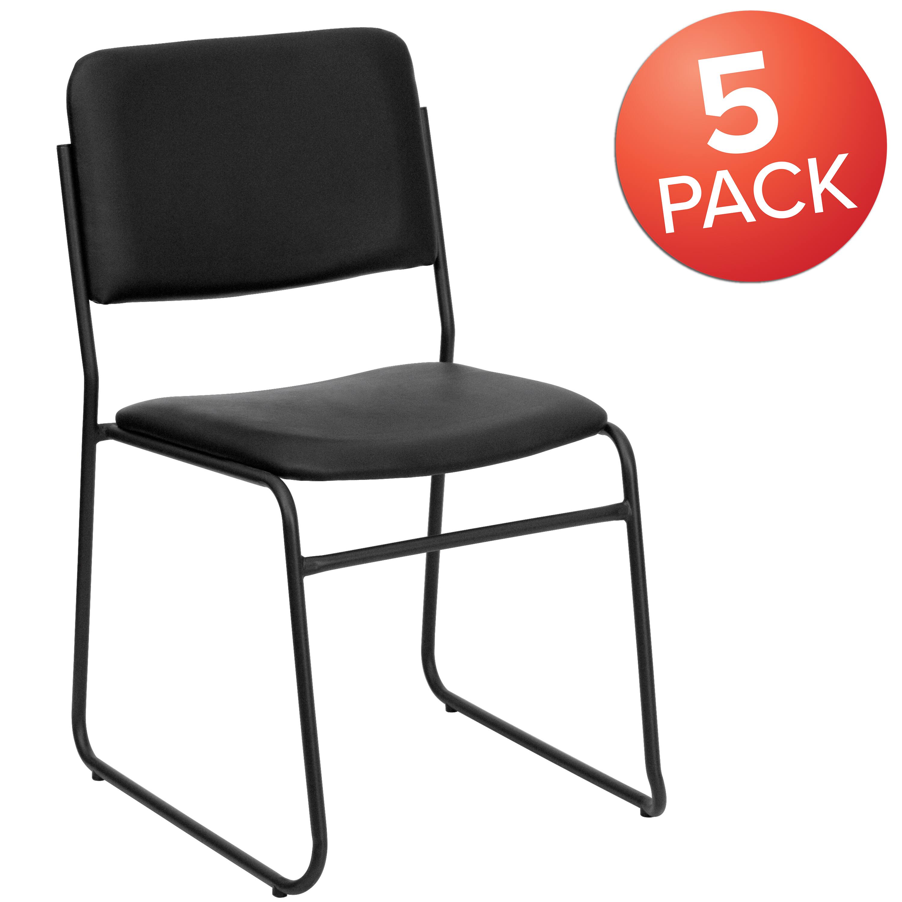 Alt View 1. Emma + Oliver - 5 Pack 500 lb. Capacity High Density Stacking Chair with Sled Base - Black Vinyl/Black Frame.