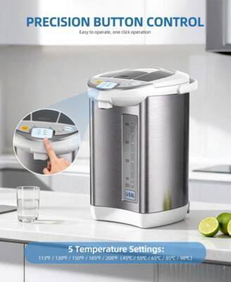 PRECISION BUTTON CONTROL  
Easy to operate, one click operation  

5 Temperature Settings:  
113°F / 130°F / 150°F / 185°F / 200°F (45°C / 55°C / 65°C / 85°C / 98°C)