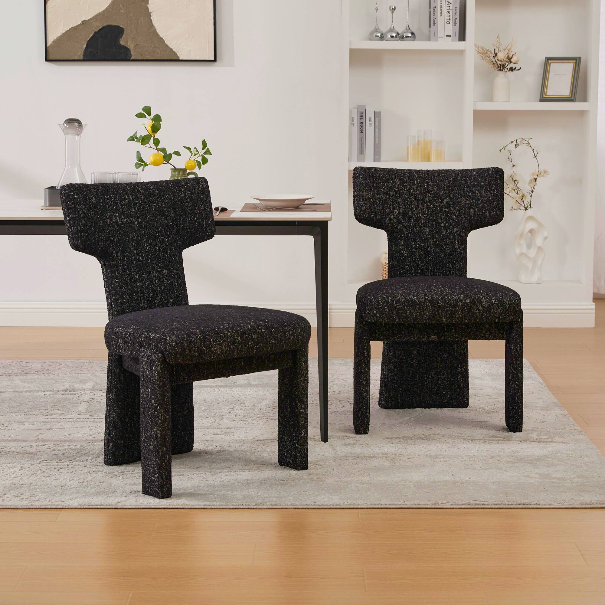 Alt View 2. Lirago - 22 Inch Modern Upholstered Chenille Dining Chairs Set of 2 Armless Curved Back Rubberwood Legs - Black+Grey.