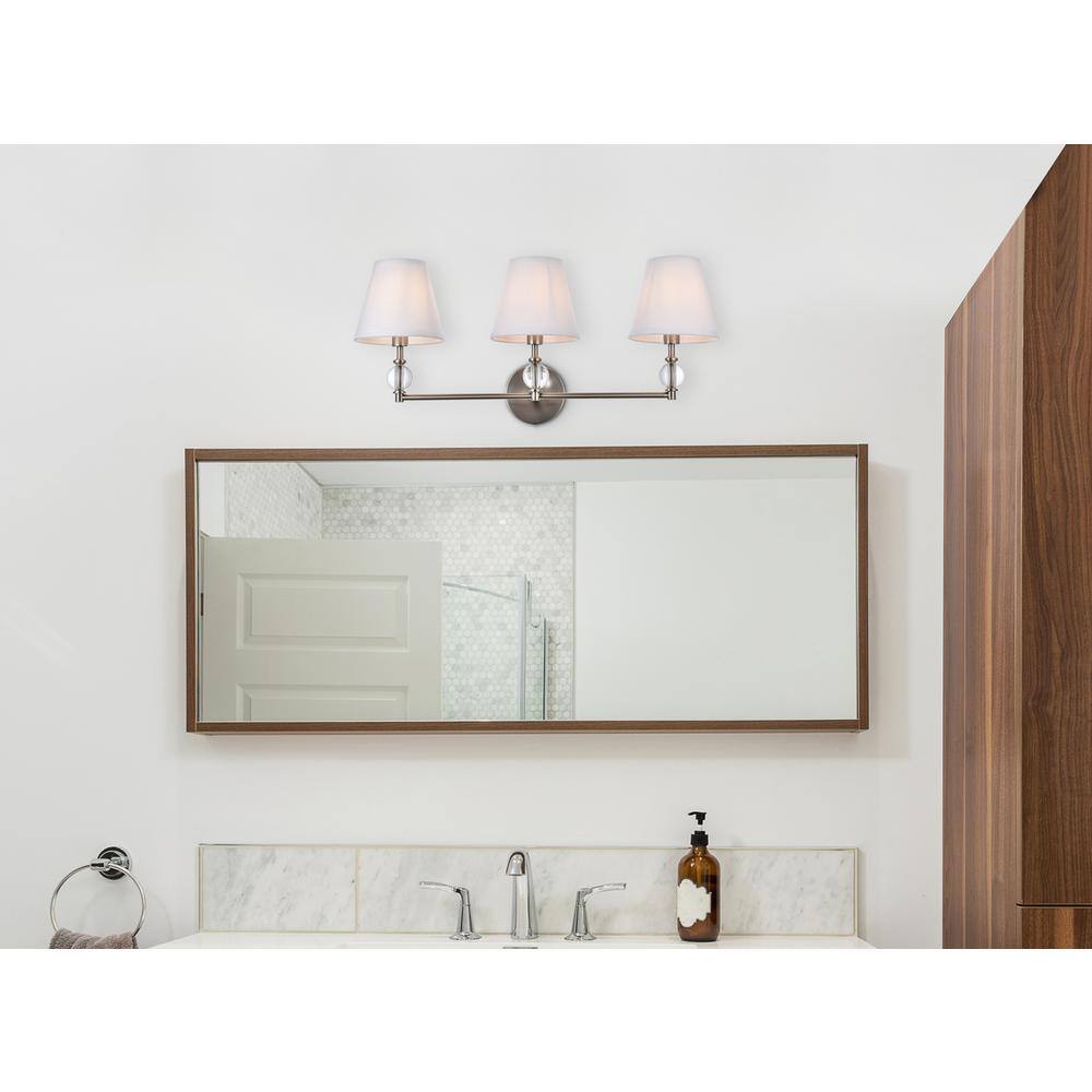 Angle. Living District - Bethany 3 lights bath sconce in satin nickel with white fabric shade - Satin Nickel And White Fabric Shade.