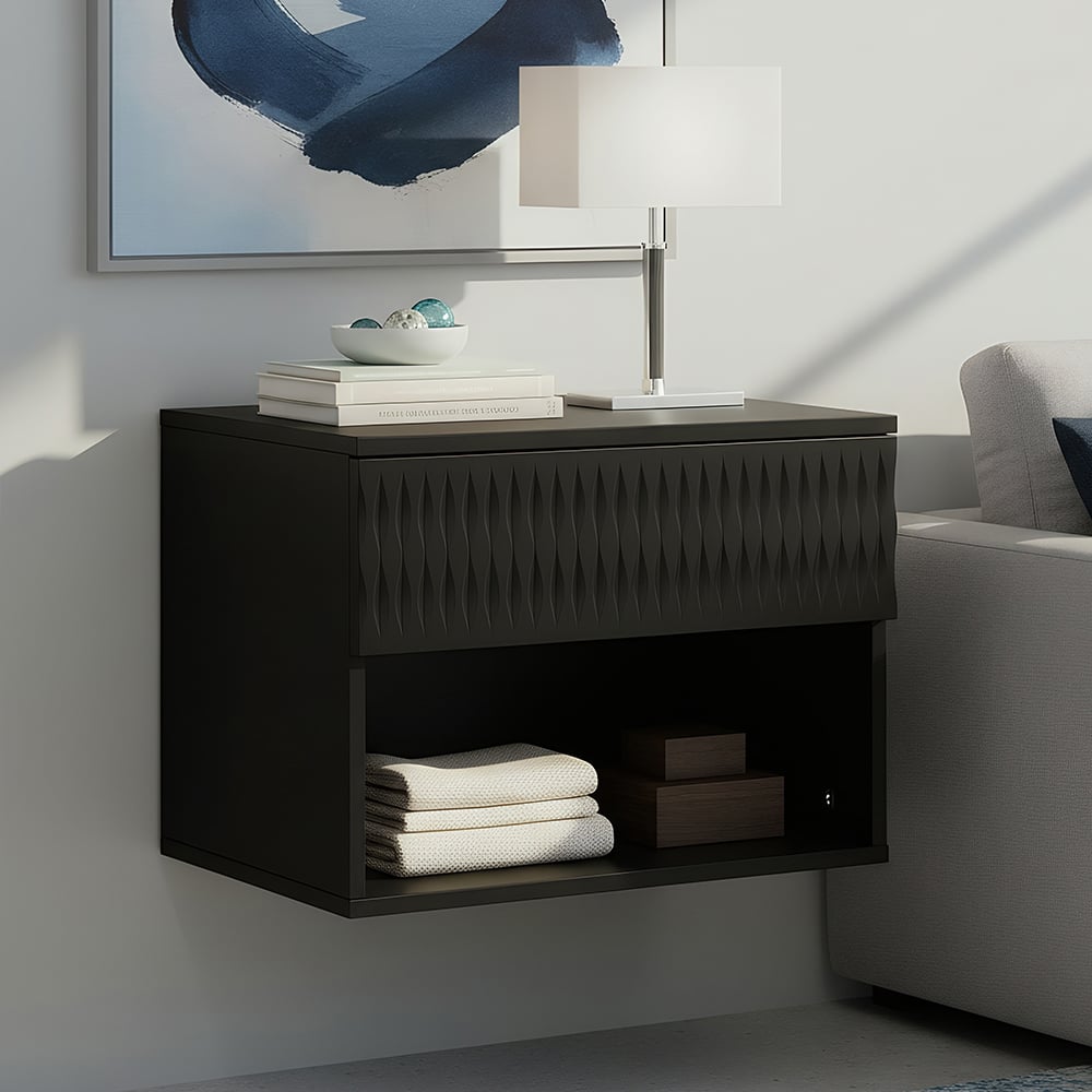 Spaco - Set of 2 Floating Nightstands with Carved Surface, 2 Drawers, Open Shelf, Space Saving and Anti-Shake Hardware - Black