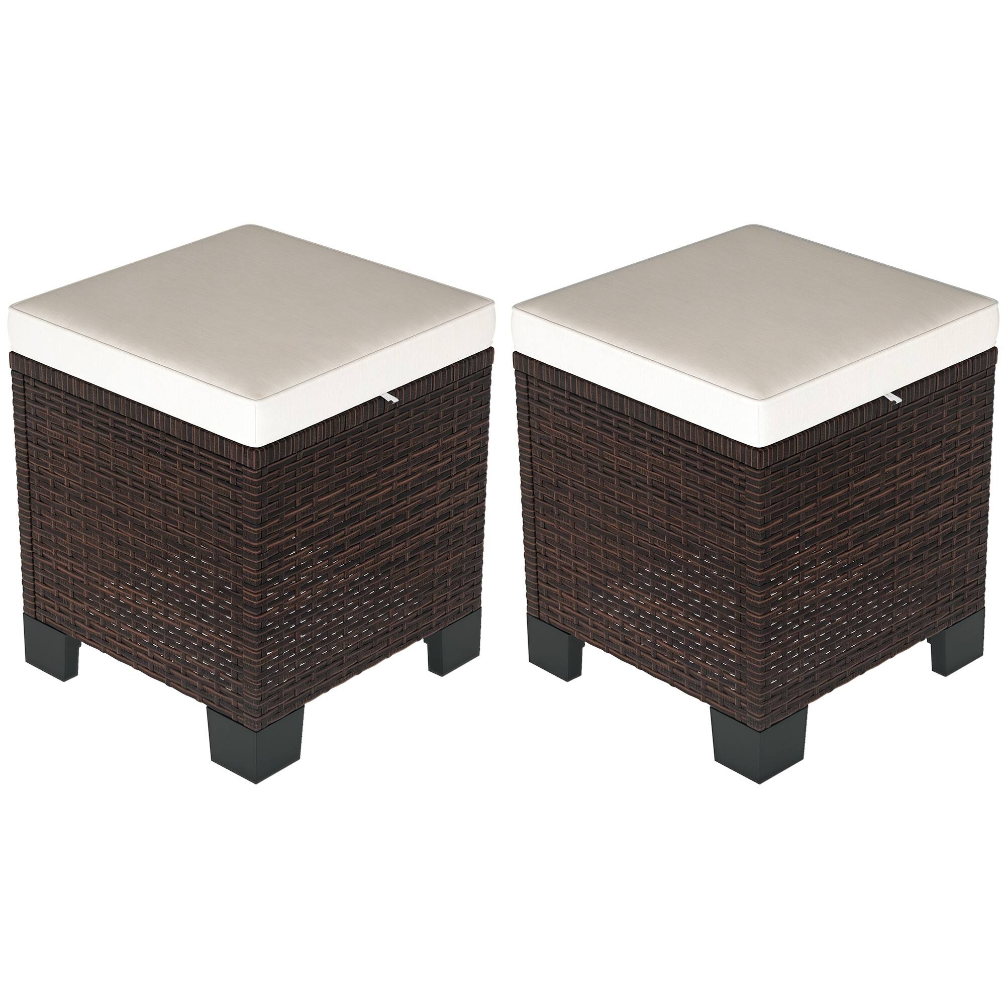 Outsunny - Piece Wicker Outdoor Ottomans with Cushions, Rattan Ottoman Footrest and Side Table for Patio, Yard - Beige