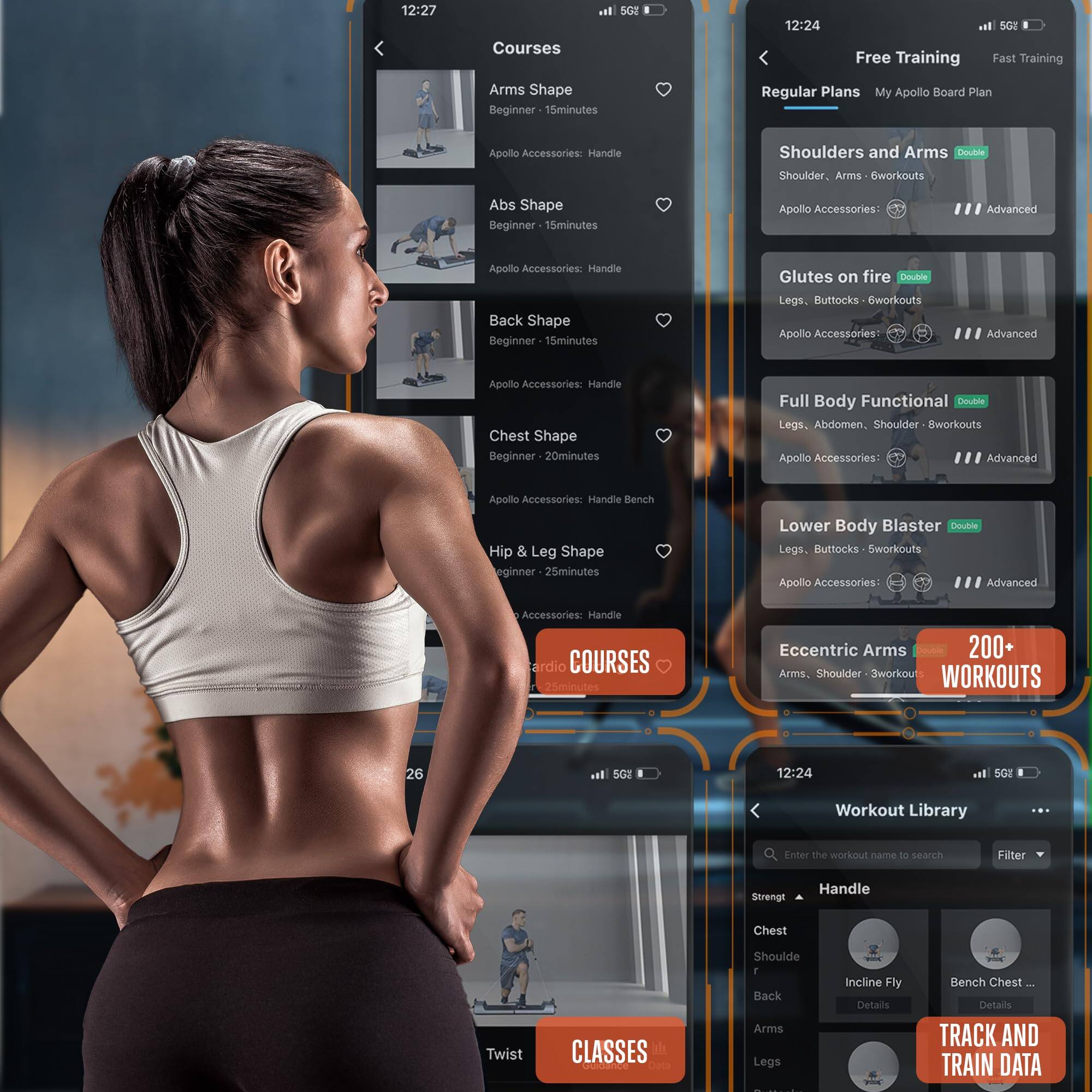 12:27 Courses +4 SG0

12:24 Free Training SGI Fast Training

Regular Plans My Apollo Board Plan

Arms Shape Beginner - 15minutes
Apollo Accessories: Handle

Abs Shape Beginner - 15minutes
Apollo Accessories: Handle

Back Shape Beginner - 15minutes
Apollo Accessories: Handle Bench

Chest Shape Beginner - 20minutes
Apollo Accessories: Handle Bench

Hip & Leg Shape Beginner - 25minutes
Apollo Accessories: Handle

Shoulders and Arms Double
Shoulder, Arms - 6 Workouts
Apollo Accessories: Advanced

Glutes on fire Double
Legs, Buttocks - 6 Workouts
Apollo Accessories: Advanced

Full Body Functional Double
Legs, Abdomen, Shoulder - 8 Workouts
Apollo Accessories: Advanced

Lower Body Blaster Double
Hip & Leg - 6 Workouts
Apollo Accessories: Advanced

Eccentric Arms
Arms, Shoulder - 3 Workouts

200+ WORKOUTS

12:24 SOI Workout Library

Enter the workout name to search

Filter

Strengt
Handle

Chest
Shoulder
Back
Arms
Legs