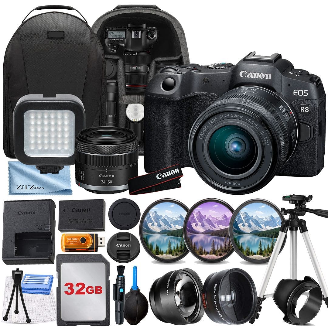 Canon - EOS R8 Mirrorless Camera with RF24-50mm Lens + 32GB Card + Backpack + ZeeTech Bundle - Black