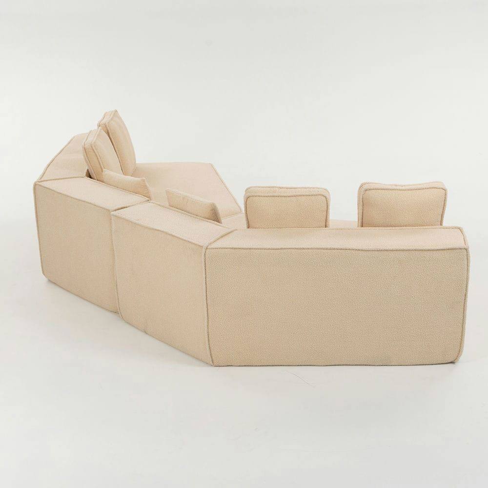 Left. Kadyn - 132" Oversized Teddy Modular Sofa - Full-Foam Couch with 6 Pillows, High-Density Support for Family Living Rooms - Beige.