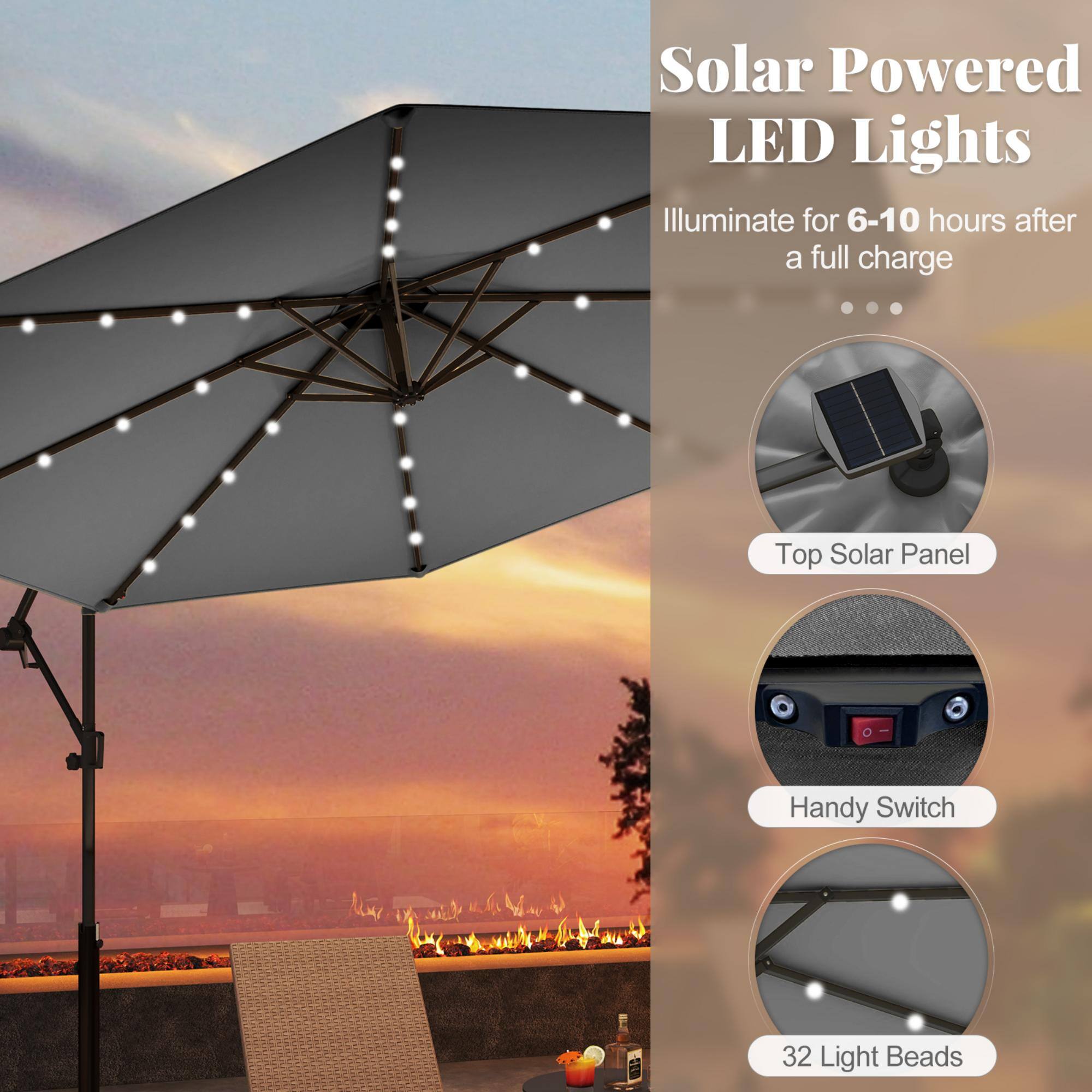 Solar Powered LED Lights
Illuminate for 6-10 hours after a full charge
Top Solar Panel
Handy Switch
32 Light Beads