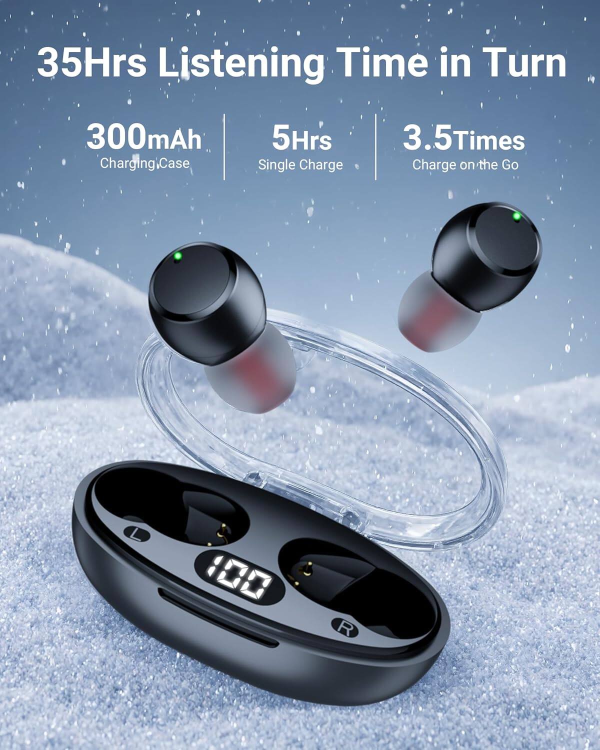 35Hrs Listening Time in Turn  
300mAh Charging Case  
5Hrs Single Charge  
3.5Times Charge on the Go