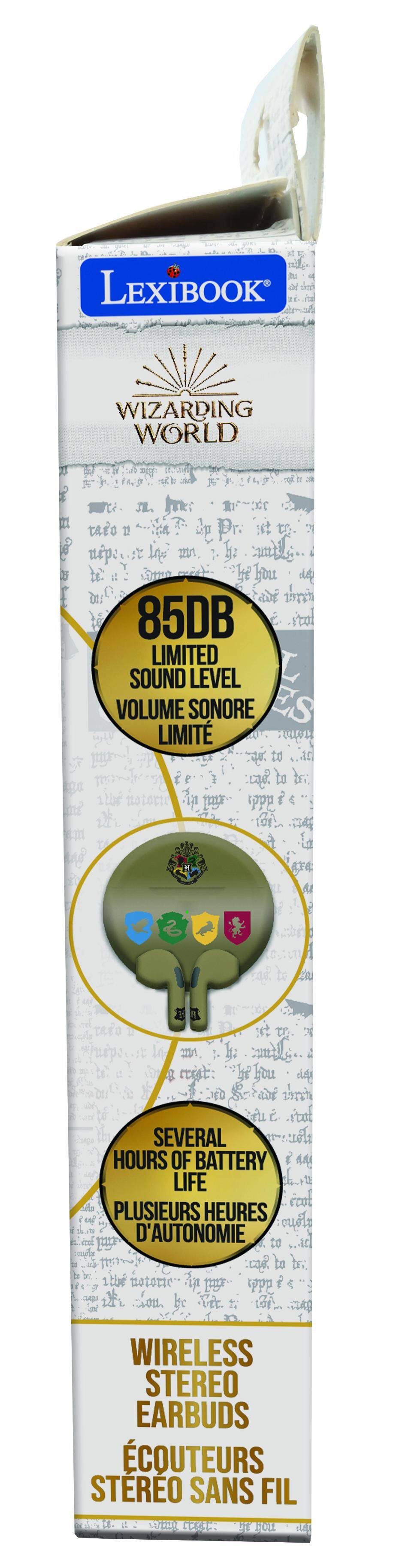 LEXIBOOK WIZARDING WORLD  
85DB LIMITED SOUND LEVEL  
VOLUME SONORE LIMITÉ  
SEVERAL HOURS OF BATTERY LIFE  
PLUSIEURS HEURES D'AUTONOMIE  
WIRELESS STEREO EARBUDS  
ÉCOUTEURS STÉRÉO SANS FIL
