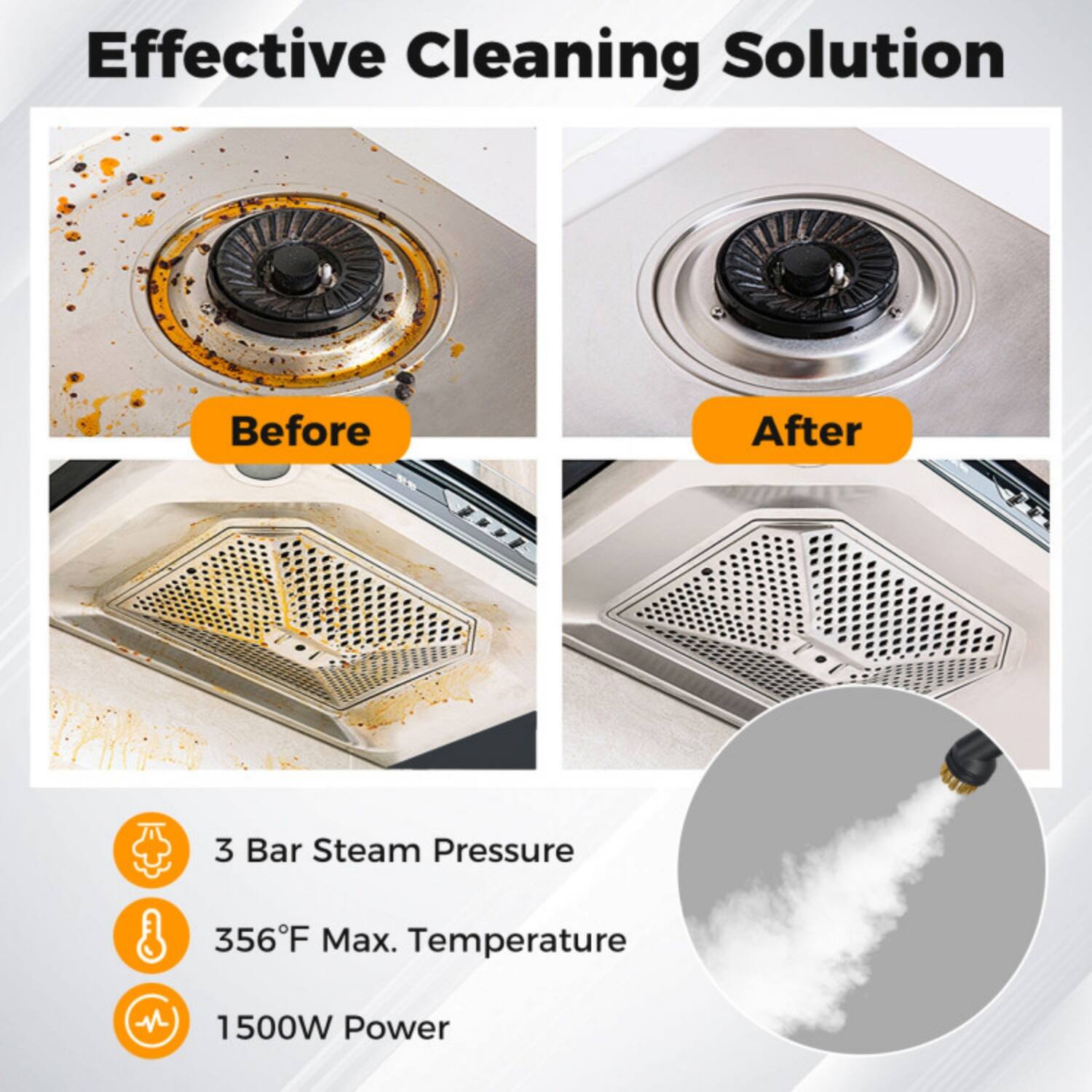 Effective Cleaning Solution

Before

After

3 Bar Steam Pressure

356°F Max. Temperature

1500W Power