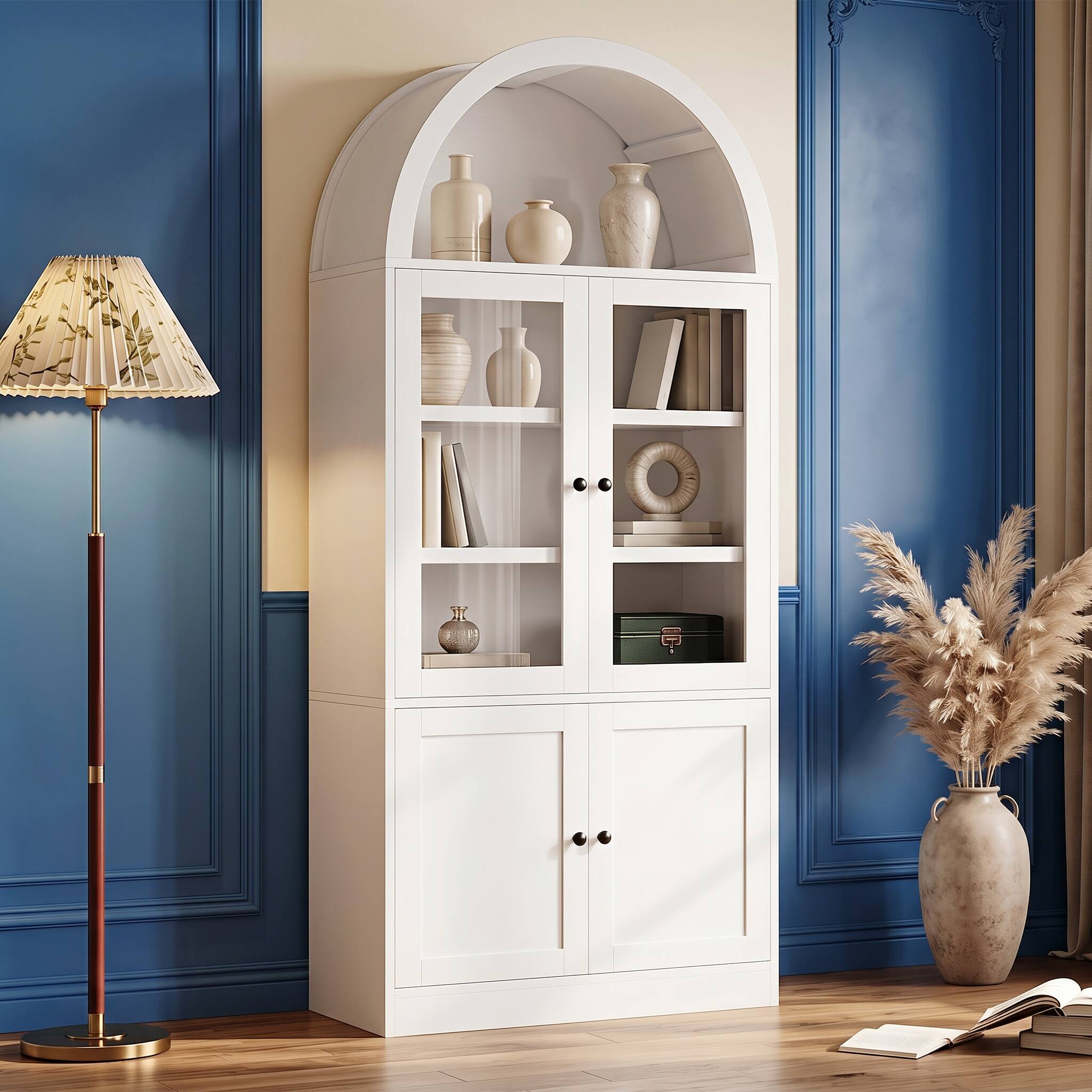 Alt View 10. Forest'nSky - 31.5 in. W x 15.7 in. D x 71.25 in. H White Arched Top Storage Cabinet with Tempered Glass Doors and Soft Close Hinges - White.