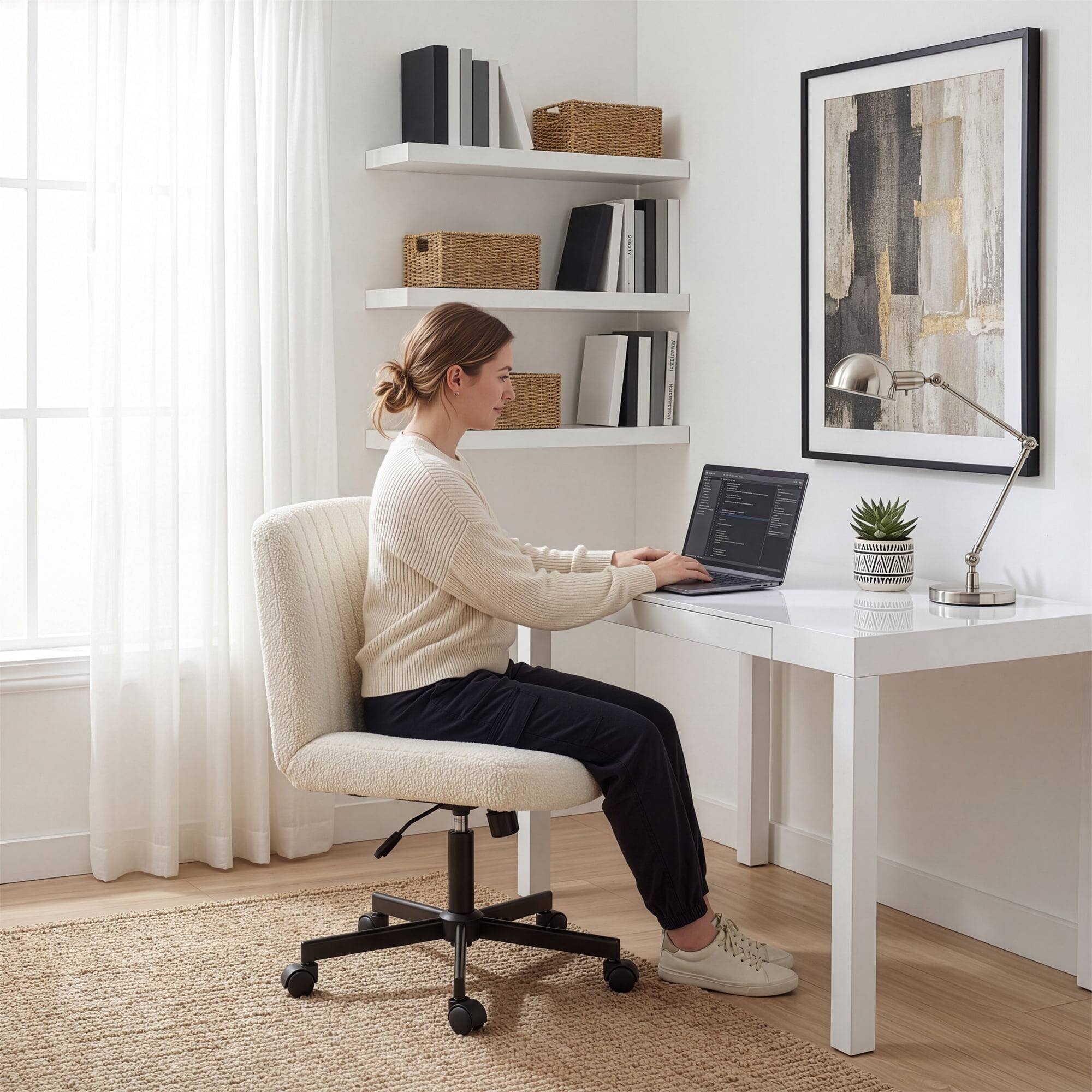Left. Neo Chair - Criss Cross Chair with Wheels, Teddy Fabric Armless Office Chair, Ergonomic Wide Seat Computer Desk Chair - Teddy Fabric-White.