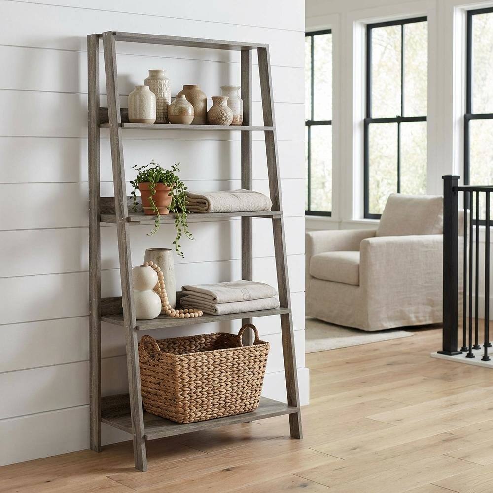 Angle. FurniFact - Contemporary Engineered Wood Bookcase with Stable Shelves - Grey Oak.