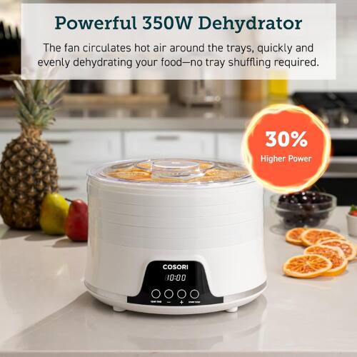 Powerful 350W Dehydrator  
The fan circulates hot air around the trays, quickly and evenly dehydrating your food—no tray shuffling required.  

30% Higher Power