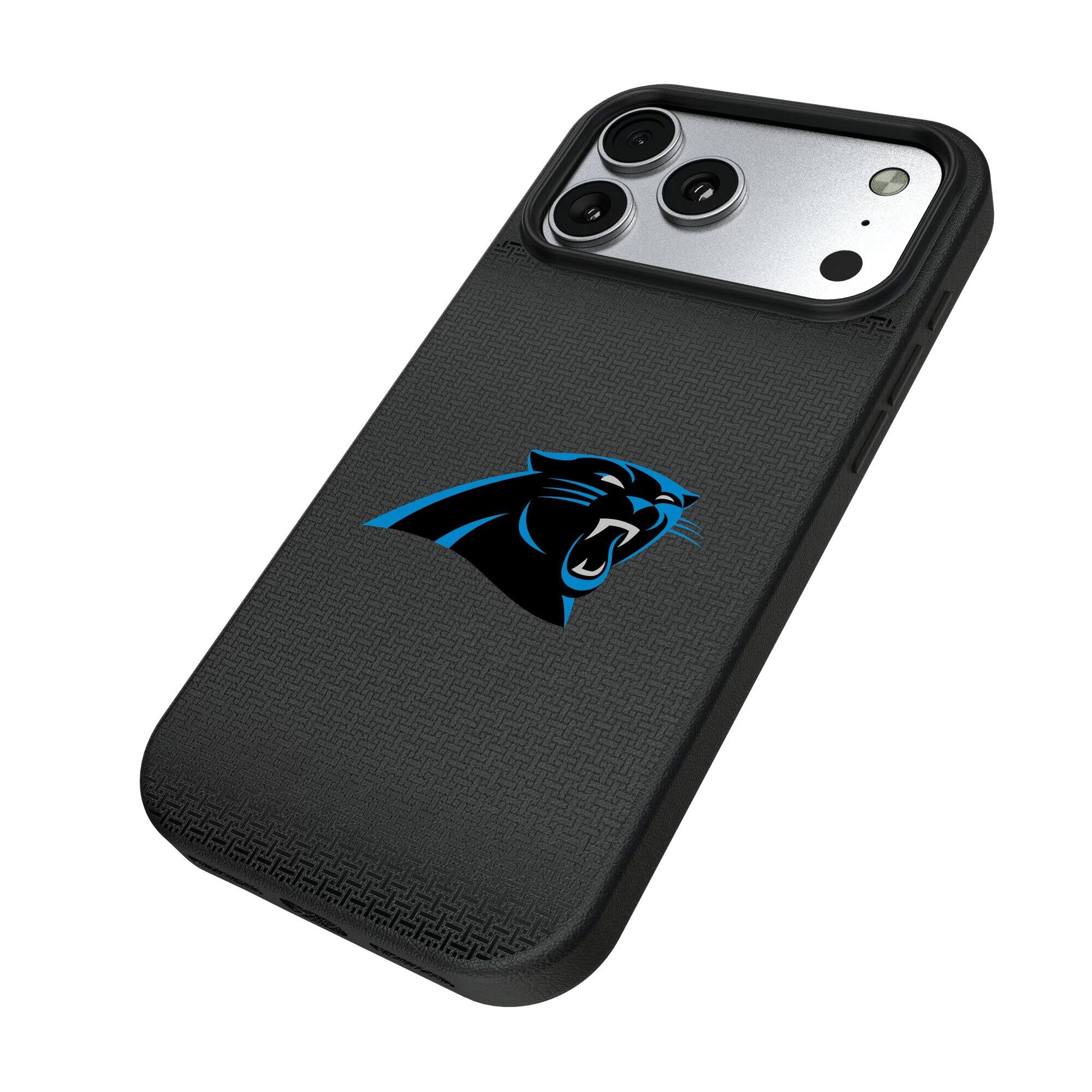 Alt View 1. Keyscaper - Carolina Panthers Linen Logo iPhone Magnetic Bump Case - 15 Pro Max - Black.