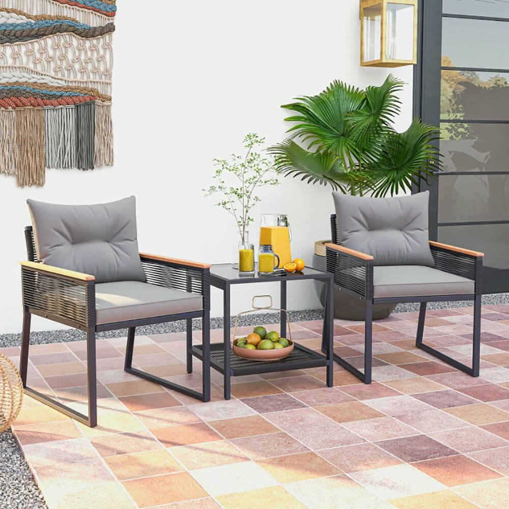 Alt View 2. Pefilos - 3 Pieces Patio Furniture Set, Patio Set with 2 Tier Coffee Table and Soft Seat Cushions, Sturdy and Reliable PE Ratt - Gray.