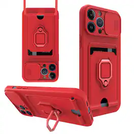 Reiko - iPhone 13 Pro Case with Camera Cover, Kickstand, Slide Lens Protector, Magnetic Ring, Strap & Card Holder - Red