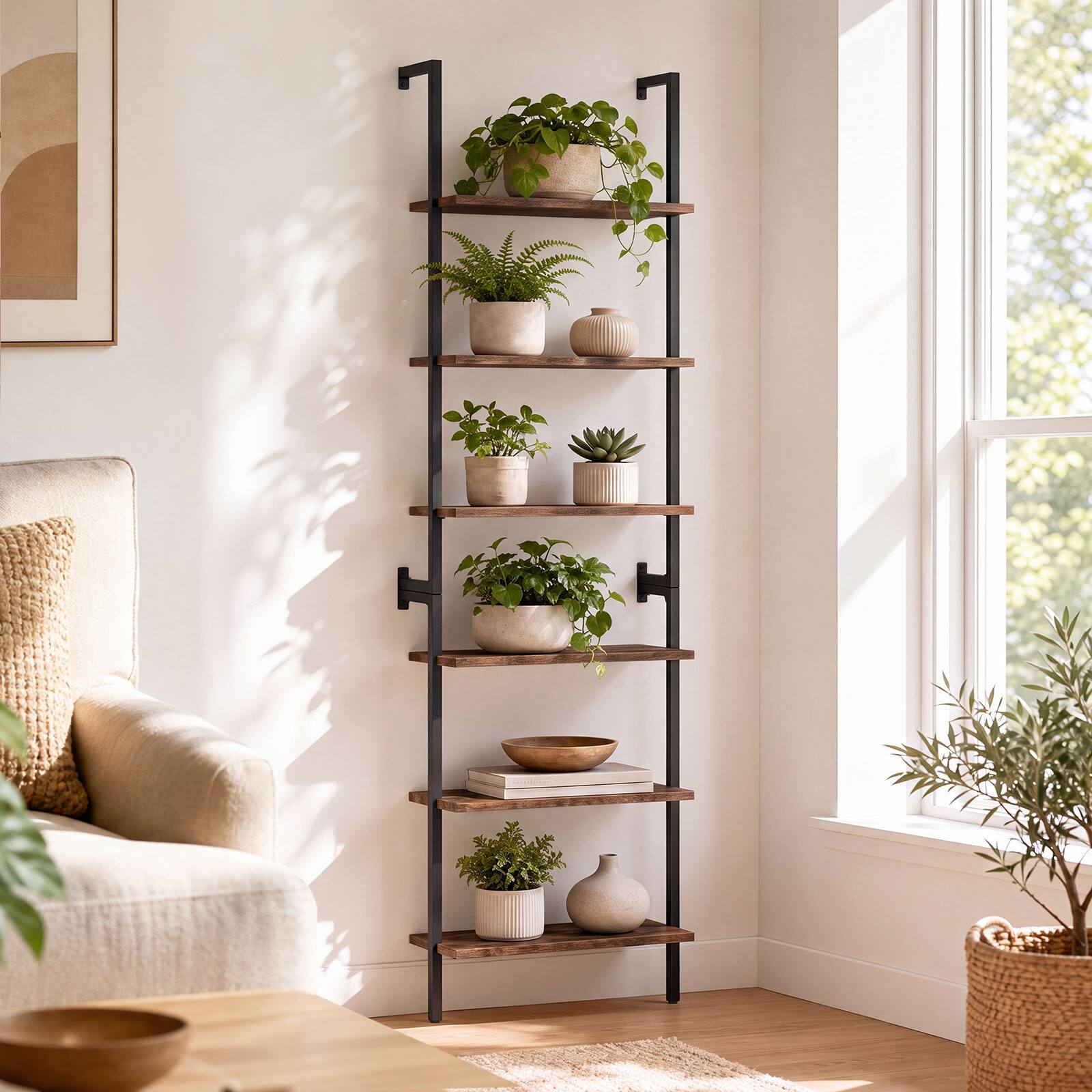 Alt View 4. Costway - Costway 2 PCS 6-Tier Storage Shelf Heavy Duty Shelving Unit Freestanding ladder bookshelf - Rustic Brown + Black.