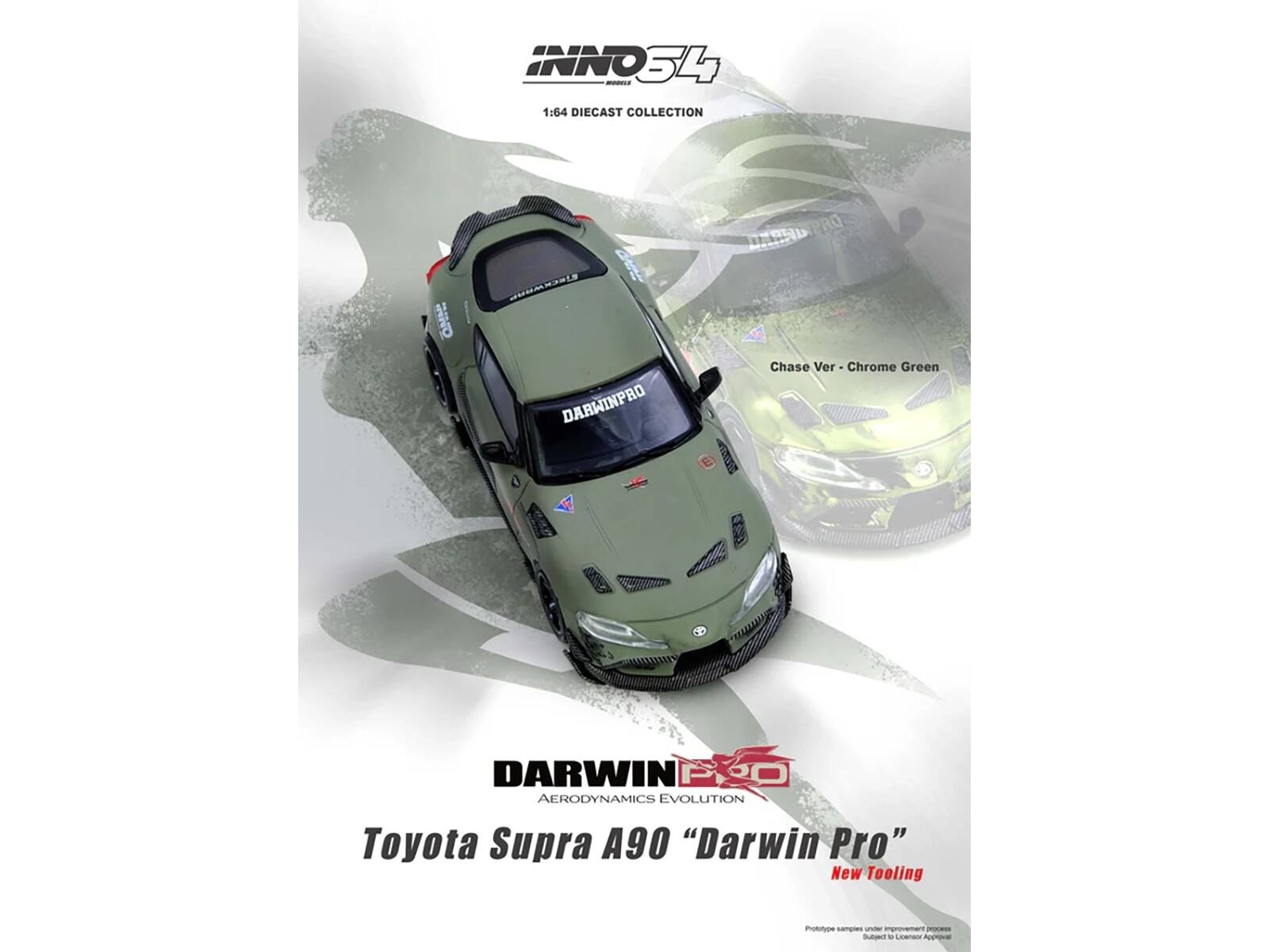 INNO54 - 1:64 DIECAST COLLECTION  
Necowane DARWINPRO ND PRO Chase Ver Chrome Green  
DARWIN AERODYNAMICS EVOLUTION  
Toyota Supra A90 "Darwin Pro"  
New Tooling  
nnokoe samples - improvement -e -ngtotccie  
Lemanr Agoa
