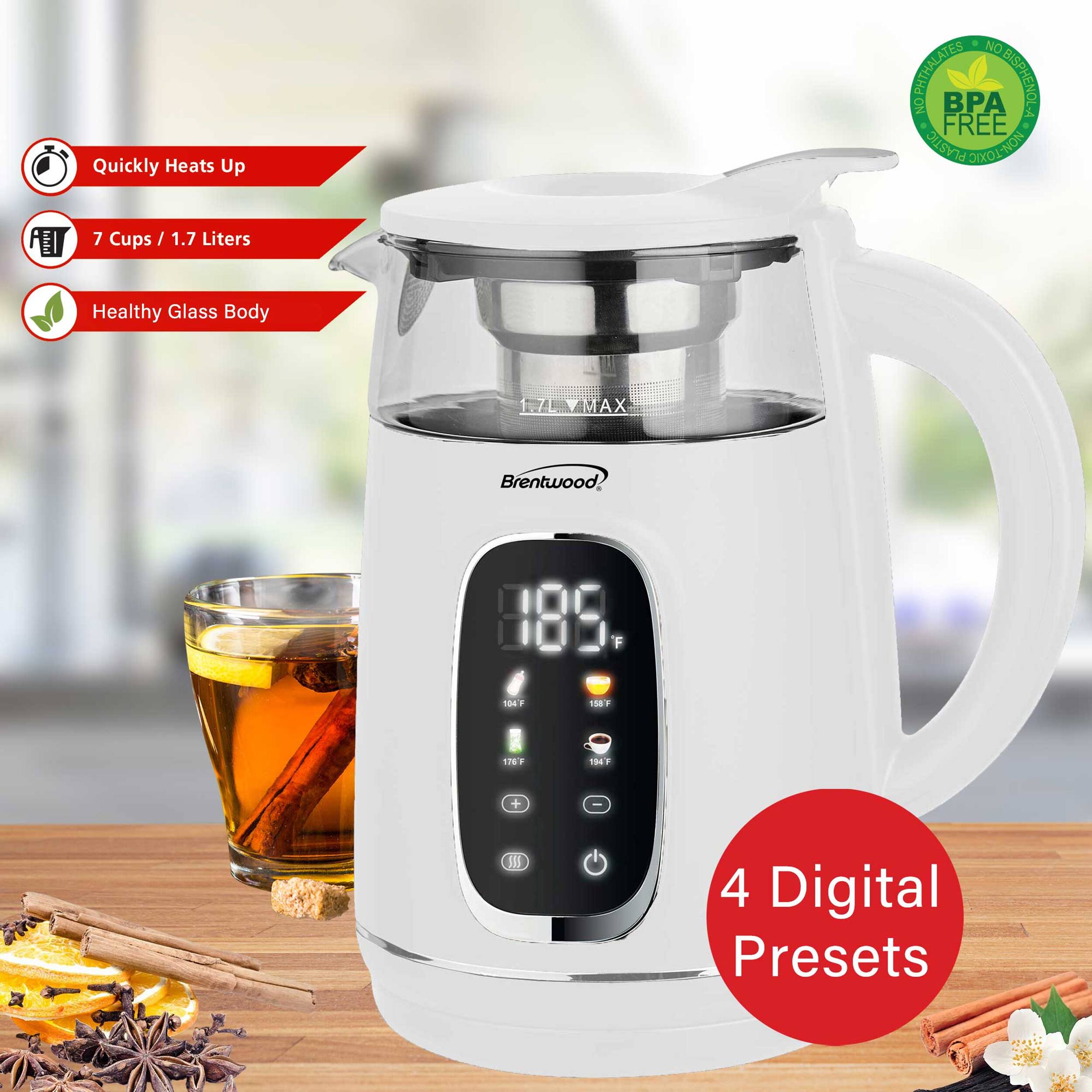 Quickly Heats Up  
NO PHthalates  
Bisphenol A  
NO BPA  
FREE PLASTIC  
DIXOI-NON  
AT 7 Cups / 1.7 Liters  
Healthy Glass Body  
1.7L  
YMAX  
Brentwood  
189 F  
184  
158  
100  
158F  
F + 5  
4 Digital Presets