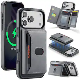 UUCOVER - Detachable Magnetic Card Wallet Leather Case for iPhone 17 Pro Compatible with MagSafe RFID Blocking Stand Cover - Gray