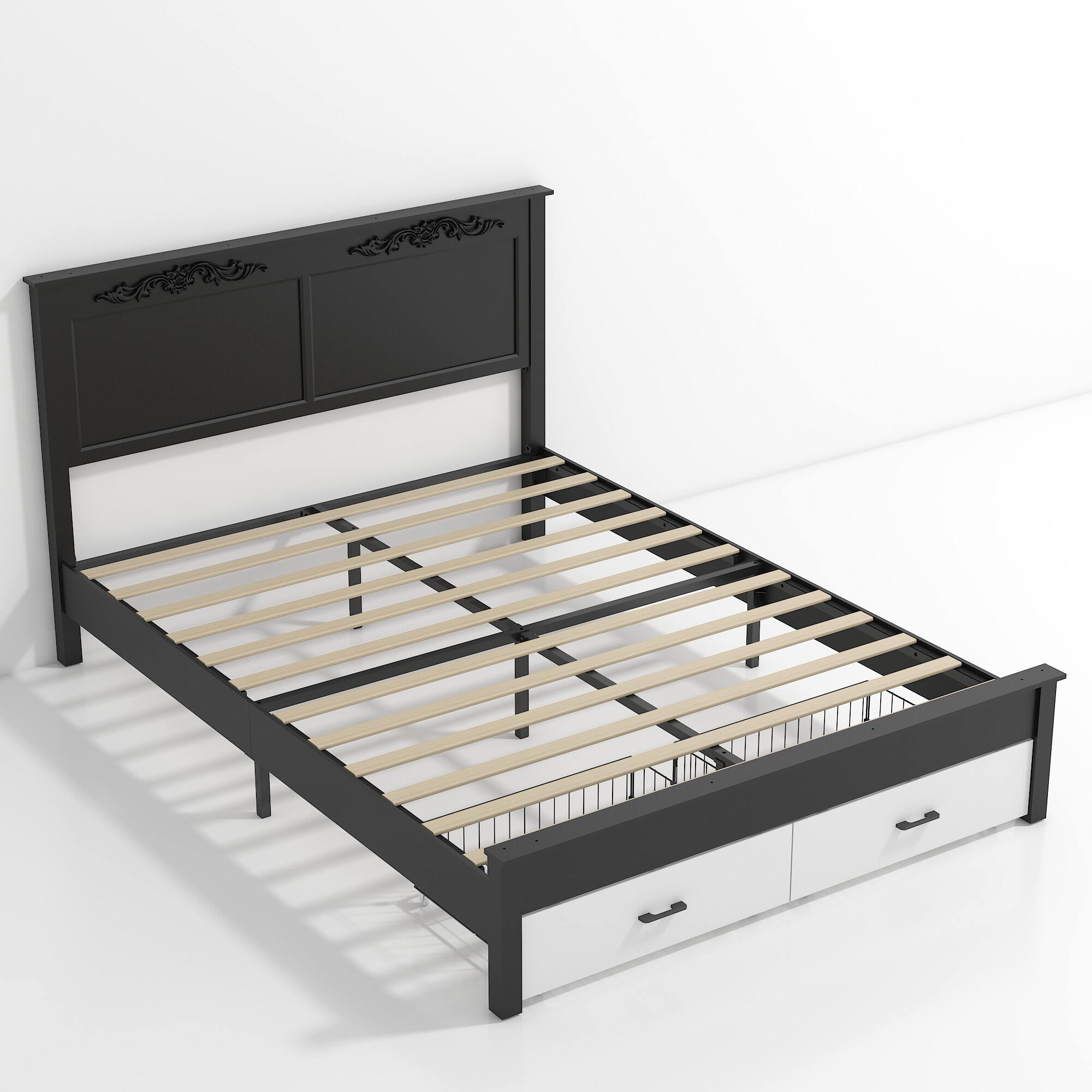 Alt View 2. LUCKY ONE - Queen size Rustic Bed Frame with Two Storage Drawers - Black+White.
