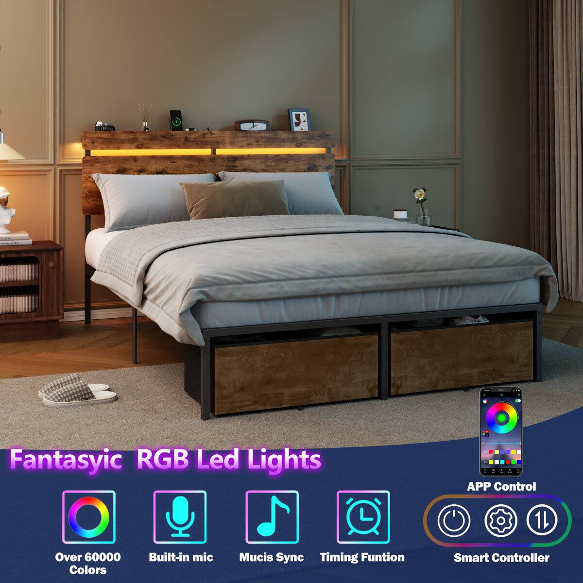 Fantasyic RGB Led Lights  
- APP Control  
- Over 60000 Colors  
- Built-in mic  
- Music Sync  
- Timing Function  
- Smart Controller