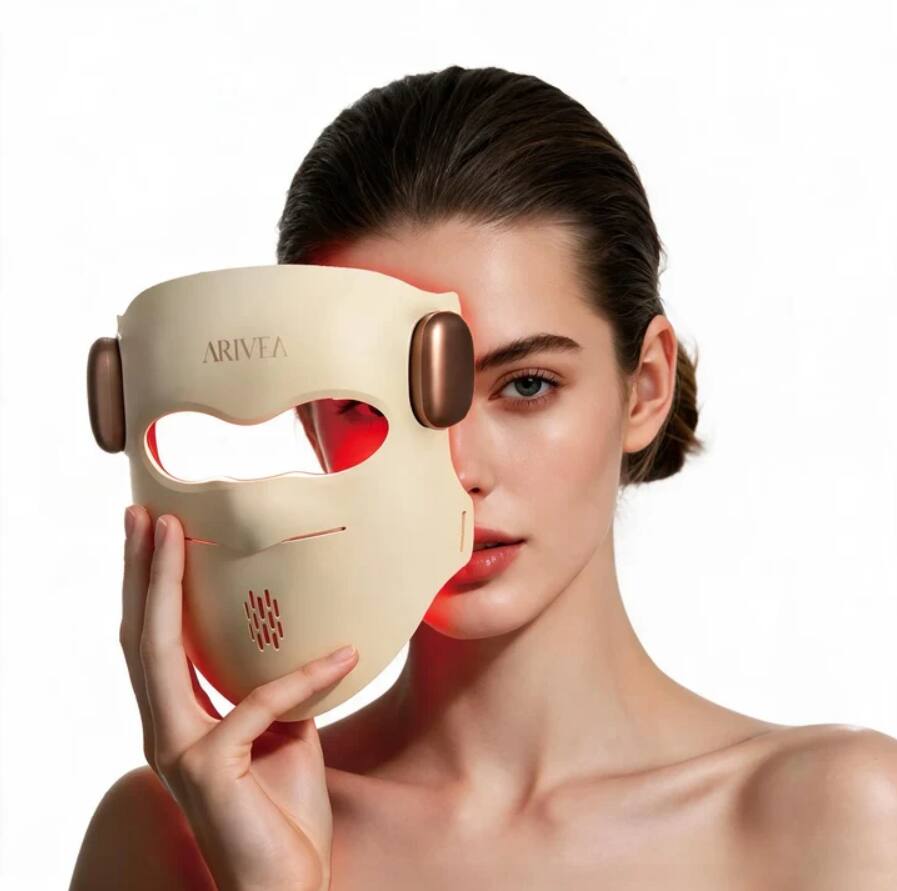 Front. Arivea - Wireless Red Light Therapy Mask for Face, Lightweight 4D LED Face Mask with Dual Near Infrared Light, Flexible Silicone - Beige.