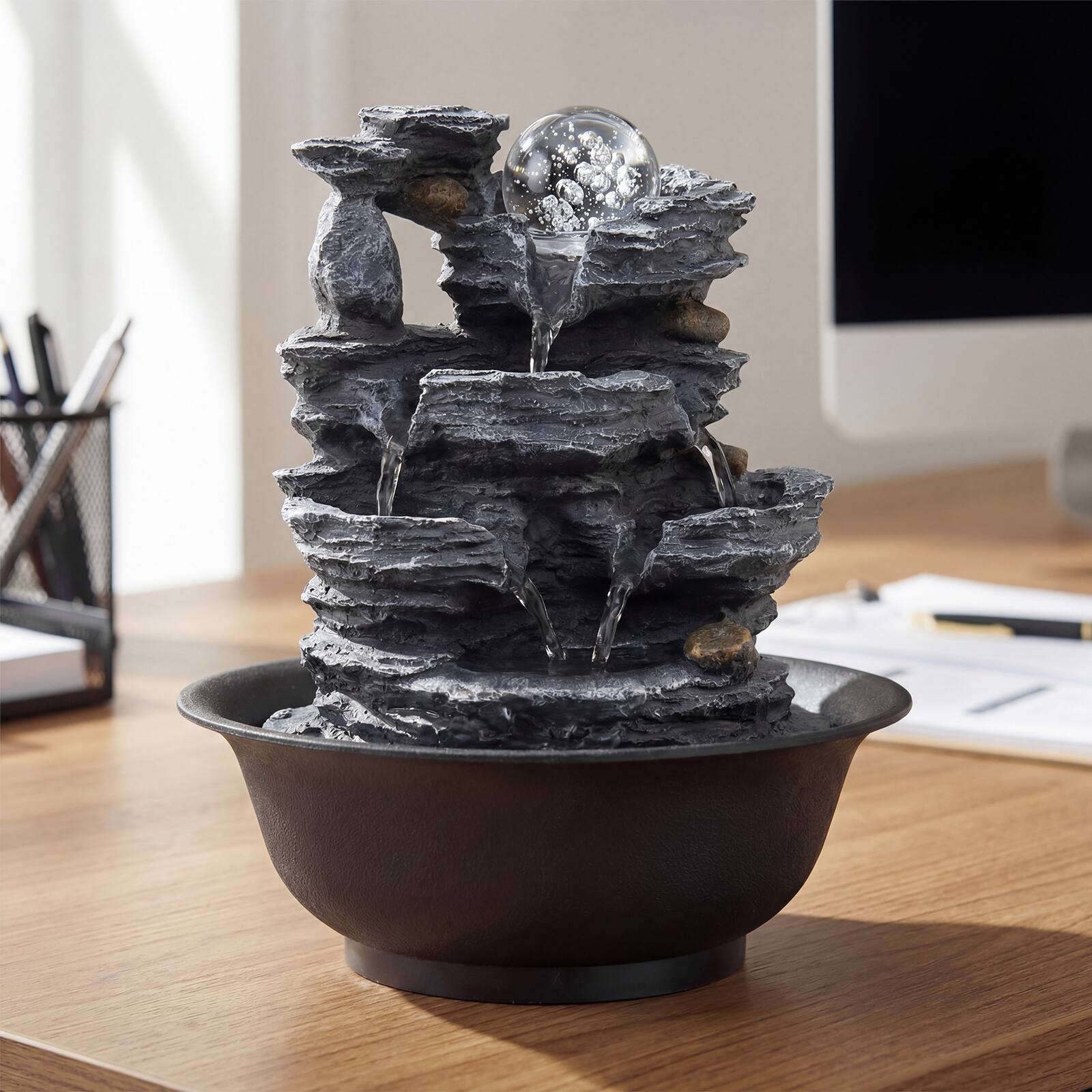 Alt View 5. Gymax - Gymax Tabletop Water Fountain w/Rolling Crystal Ball Color-Changing LED Light Pump - Black.