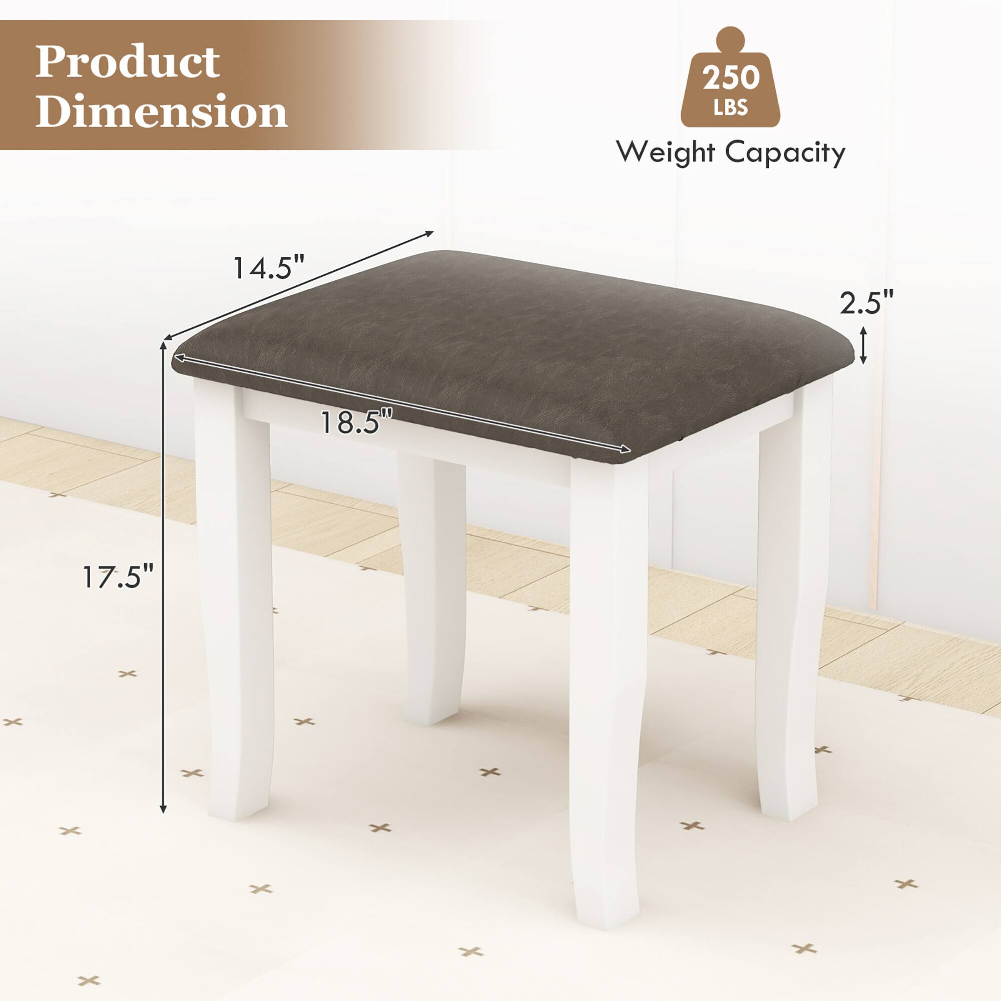 Product Dimension  
Weight Capacity 250 LBS  

14.5"  
18.5"  
17.5"  
2.5"