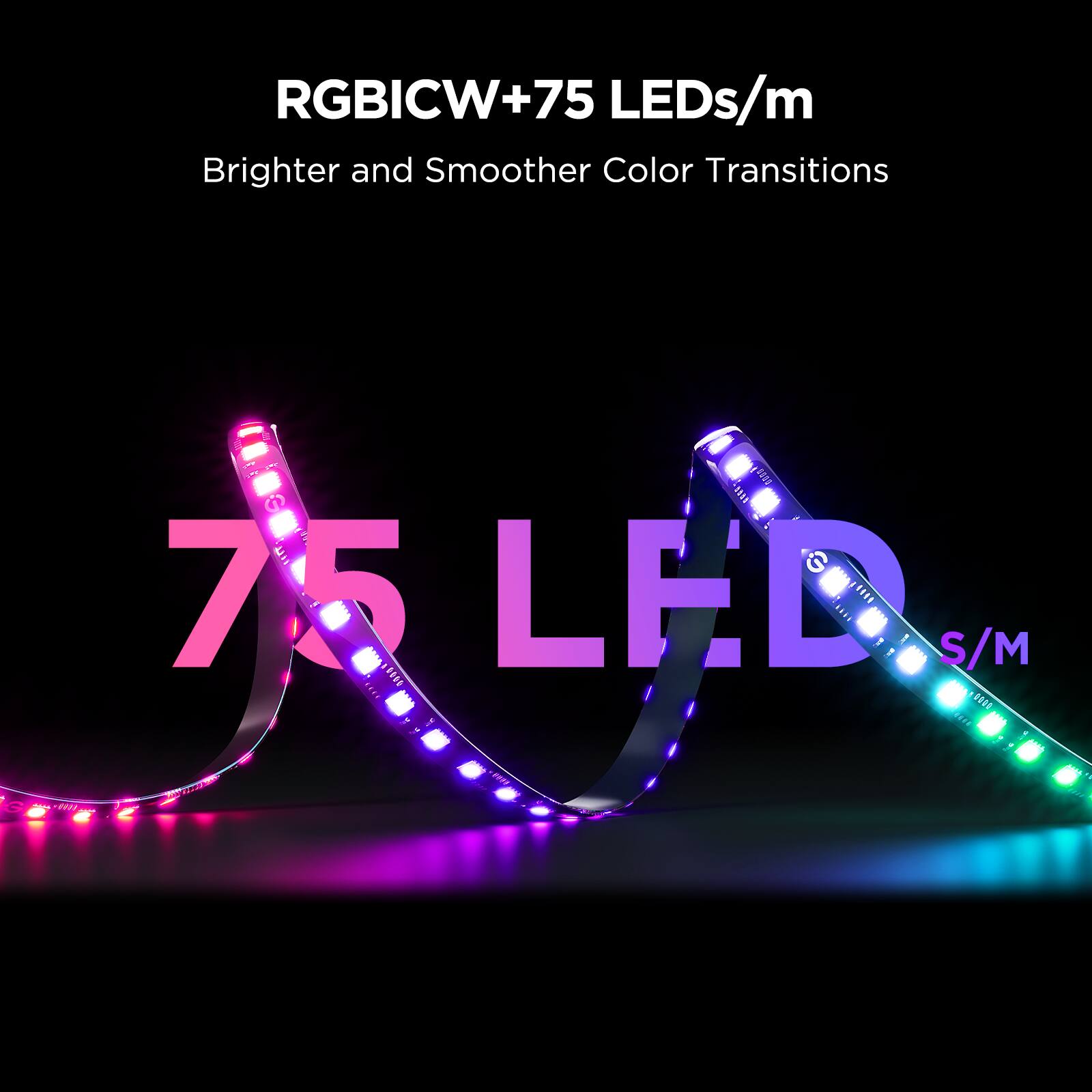 RGBICW+75 LEDs/m  
Brighter and Smoother Color Transitions  

75 LEDs/m