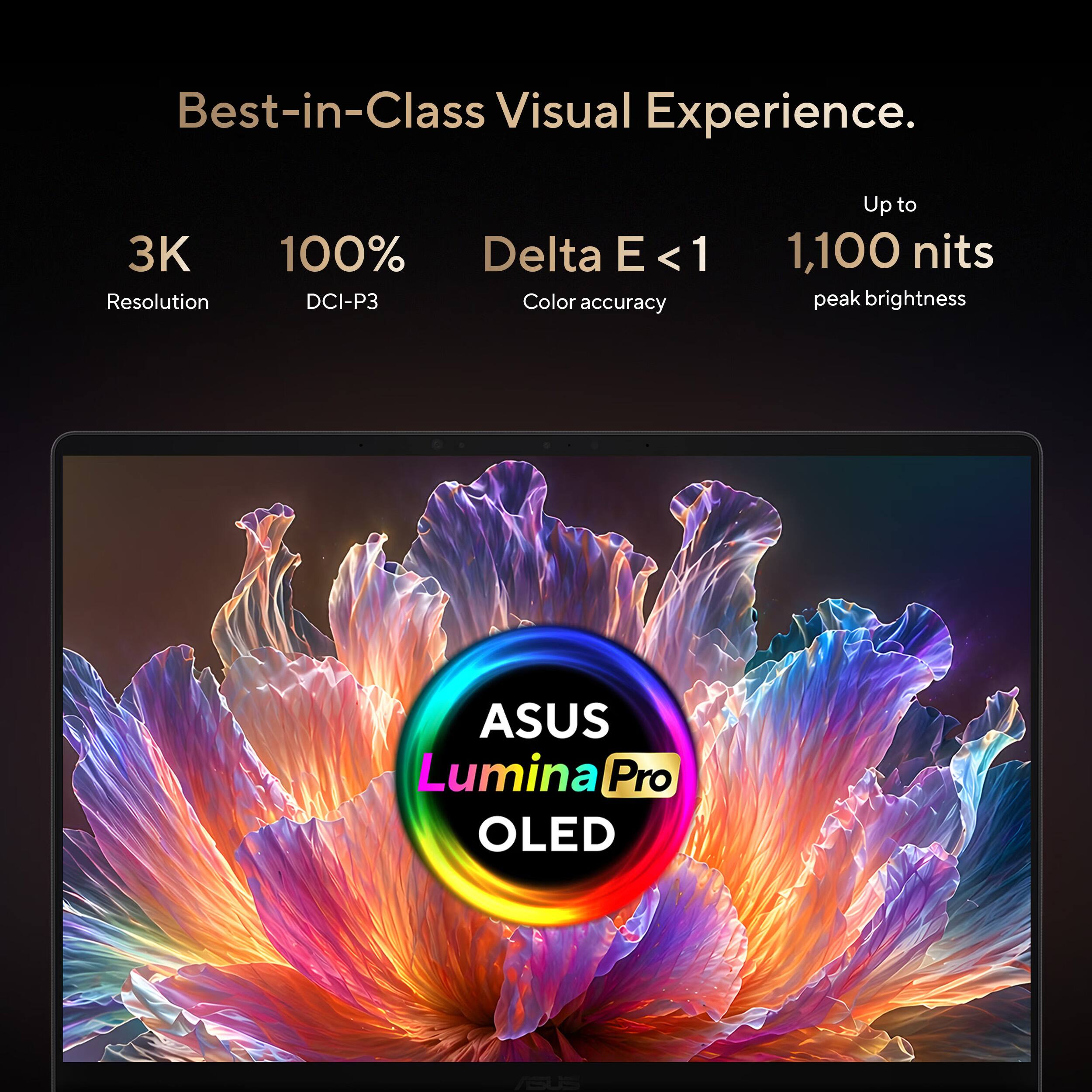 Best-in-Class Visual Experience.

3K Resolution
100% DCI-P3
Delta E < 1 Color accuracy
Up to 1,100 nits peak brightness

ASUS Lumina Pro OLED