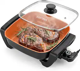 OSTBA - 12"x12" Electric Skillet with Glass Lid, 5.2QT Large Nonstick Frying Pan for Family Meals - Black, Orange